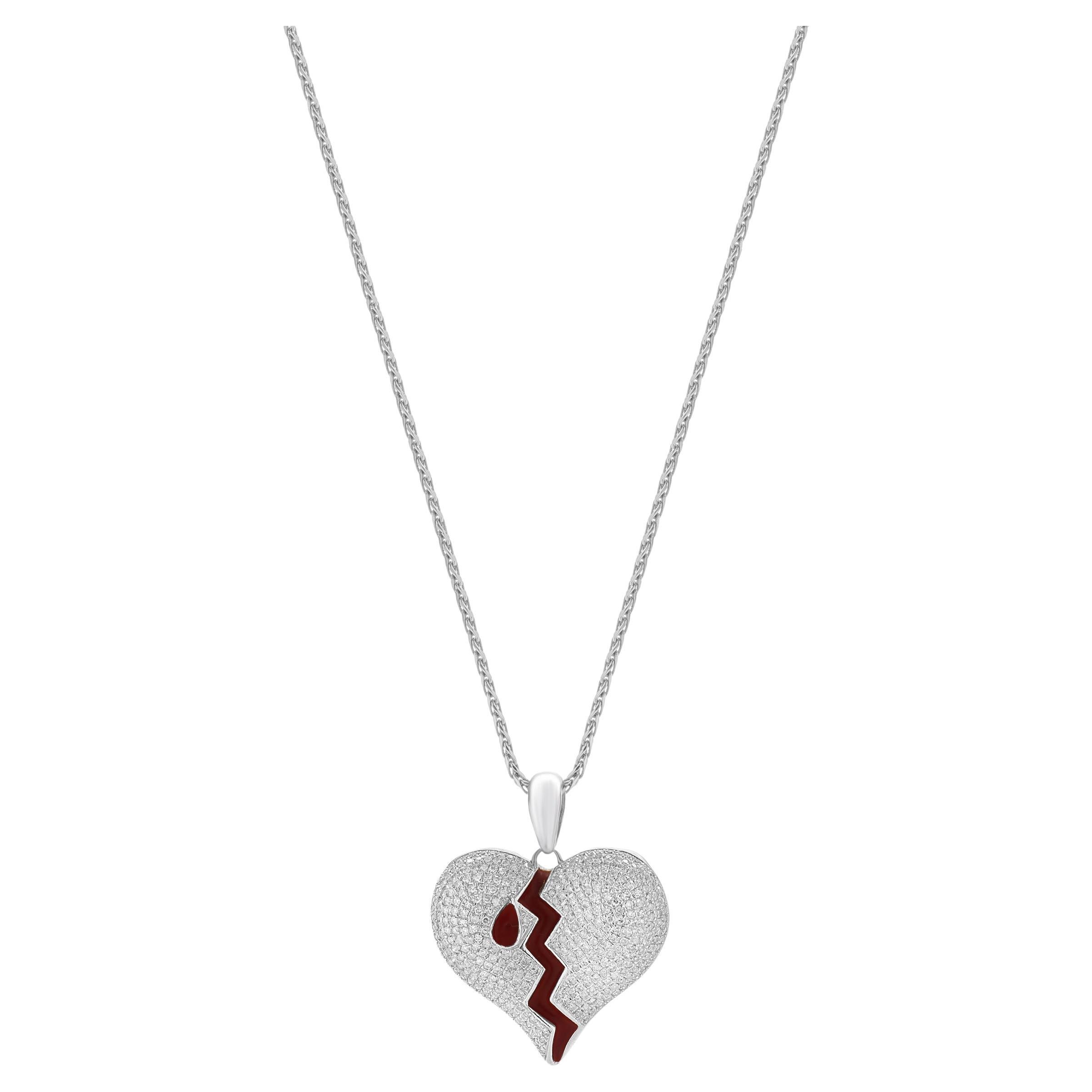10/14 Collana con cuore spezzato in oro bianco con diamanti e smalto in vendita
