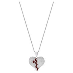 10/14 Karat White Gold Pave Diamond and Enamel Broke Heart Necklace