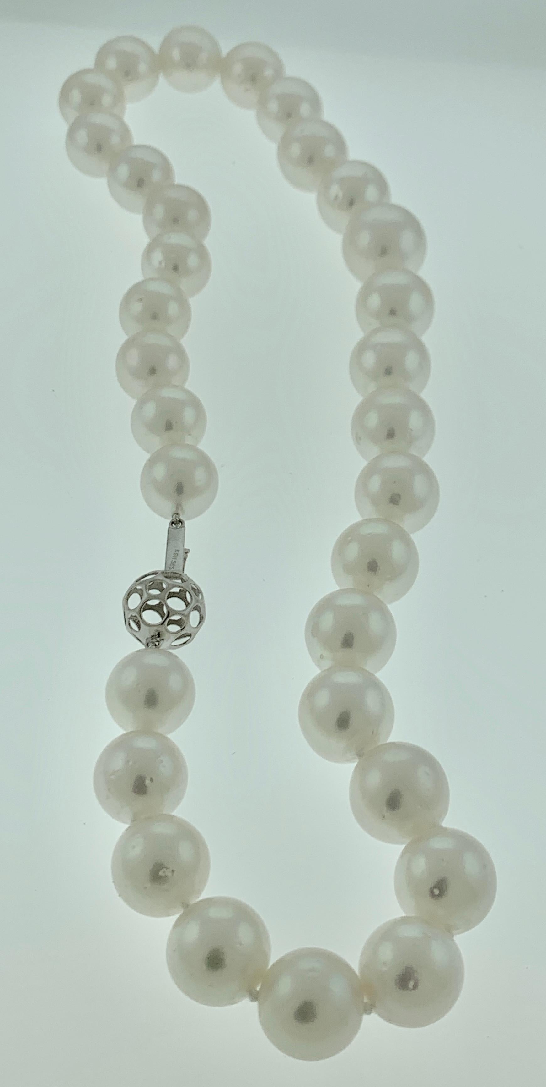 Round Cut White South Sea Pearls Long Strand Necklace 14 Karat Gold Clasp For Sale
