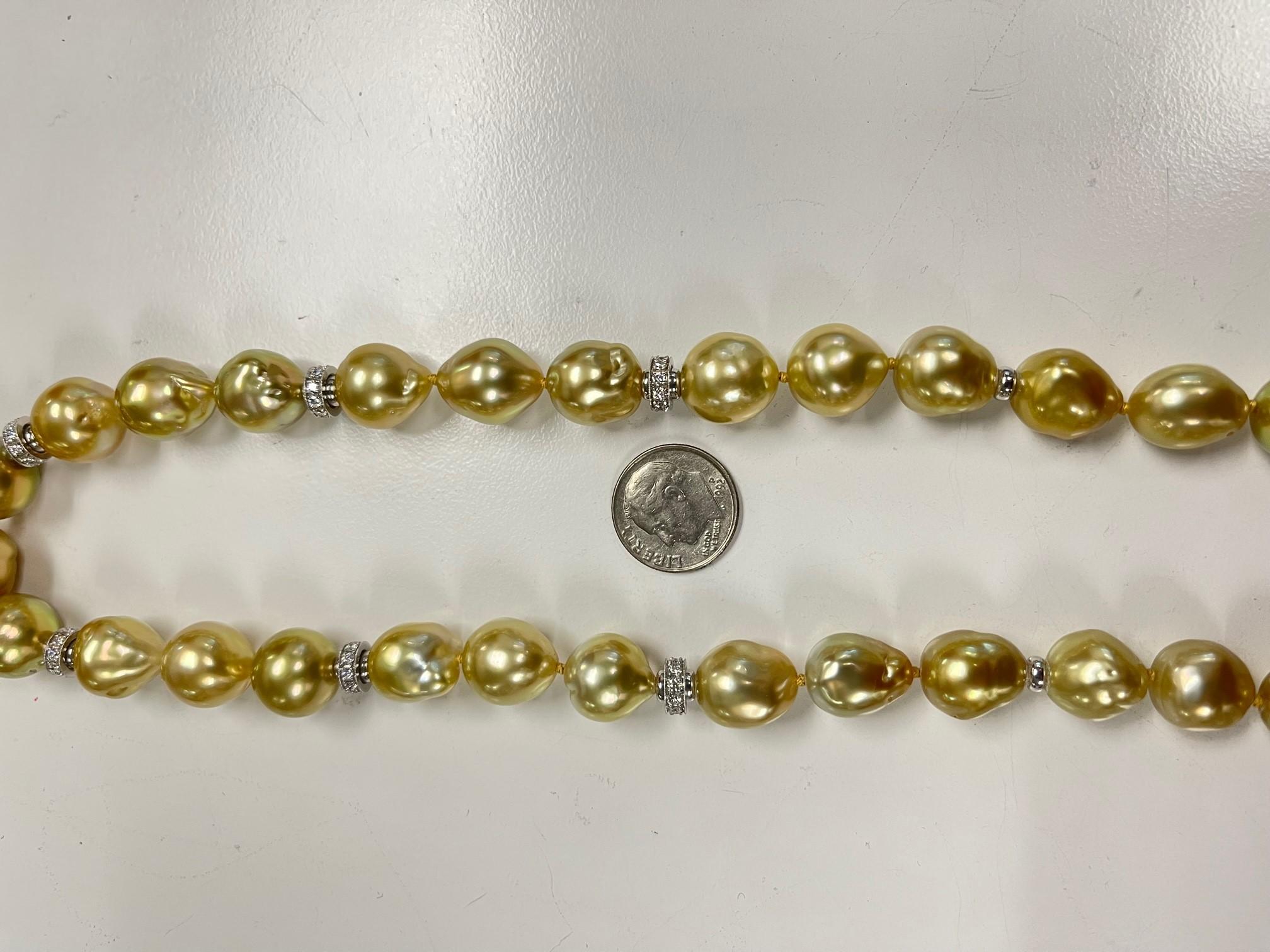 Artisan Golden South Seas Pearl Necklace with Diamond and Gold Accents, 21 Inches For Sale