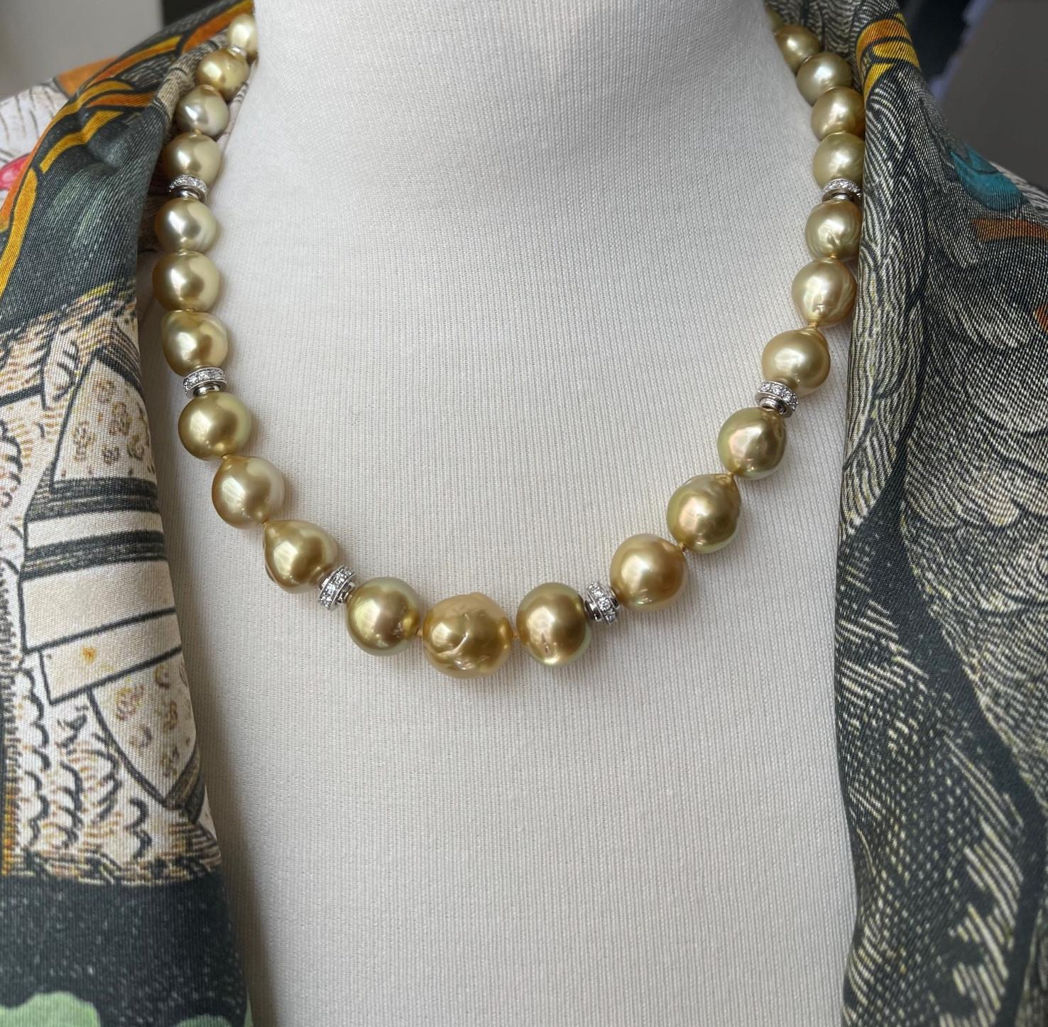 Round Cut Golden South Seas Pearl Necklace with Diamond and Gold Accents, 21 Inches For Sale