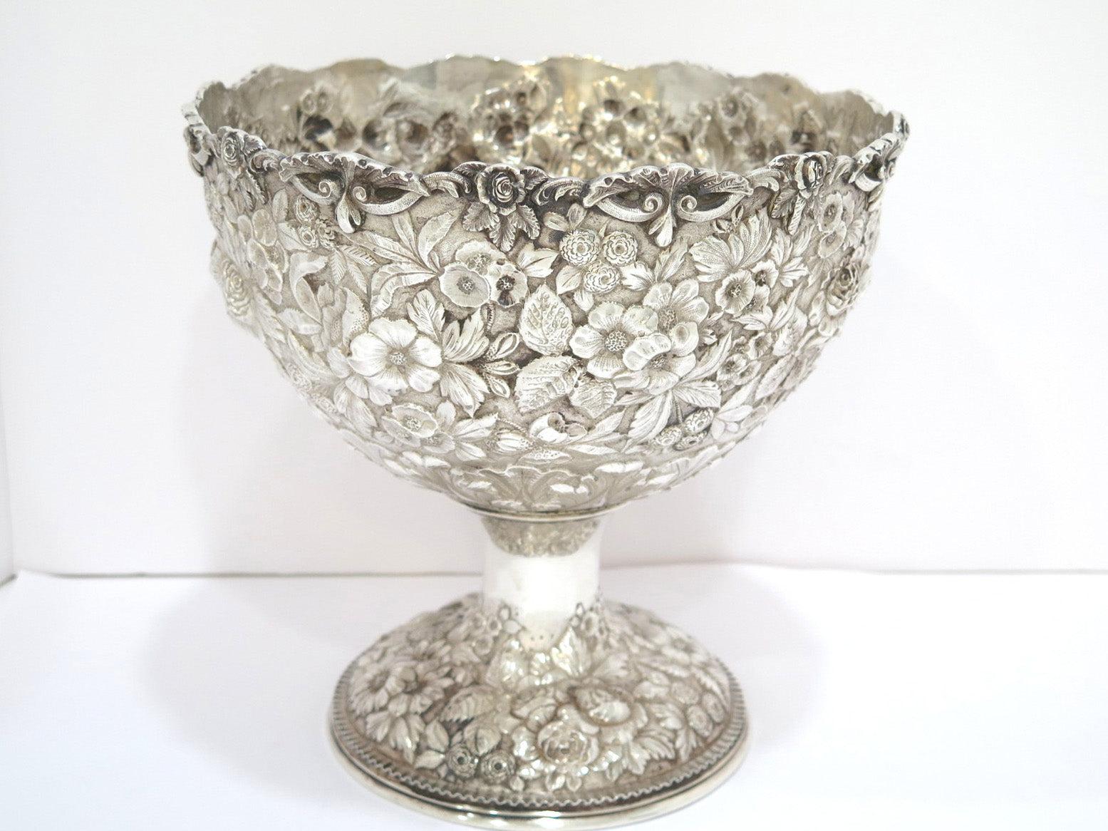 American Sterling Silver Justis & Armiger Antique Floral Repousse Footed Bowl For Sale