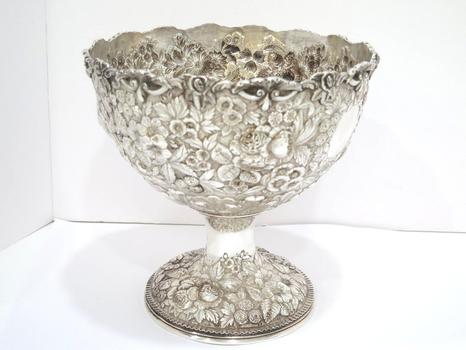 Repoussé Sterling Silver Justis & Armiger Antique Floral Repousse Footed Bowl For Sale