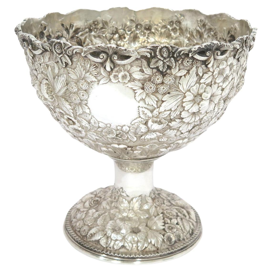 Sterling Silver Justis & Armiger Antique Floral Repousse Footed Bowl For Sale