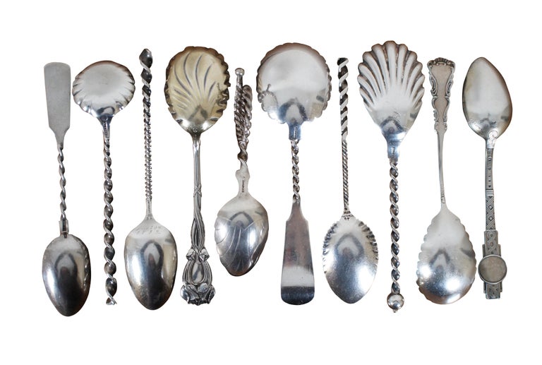 10 Antique Assorted Sterling Silver Twisted Scalloped Serving Spoons