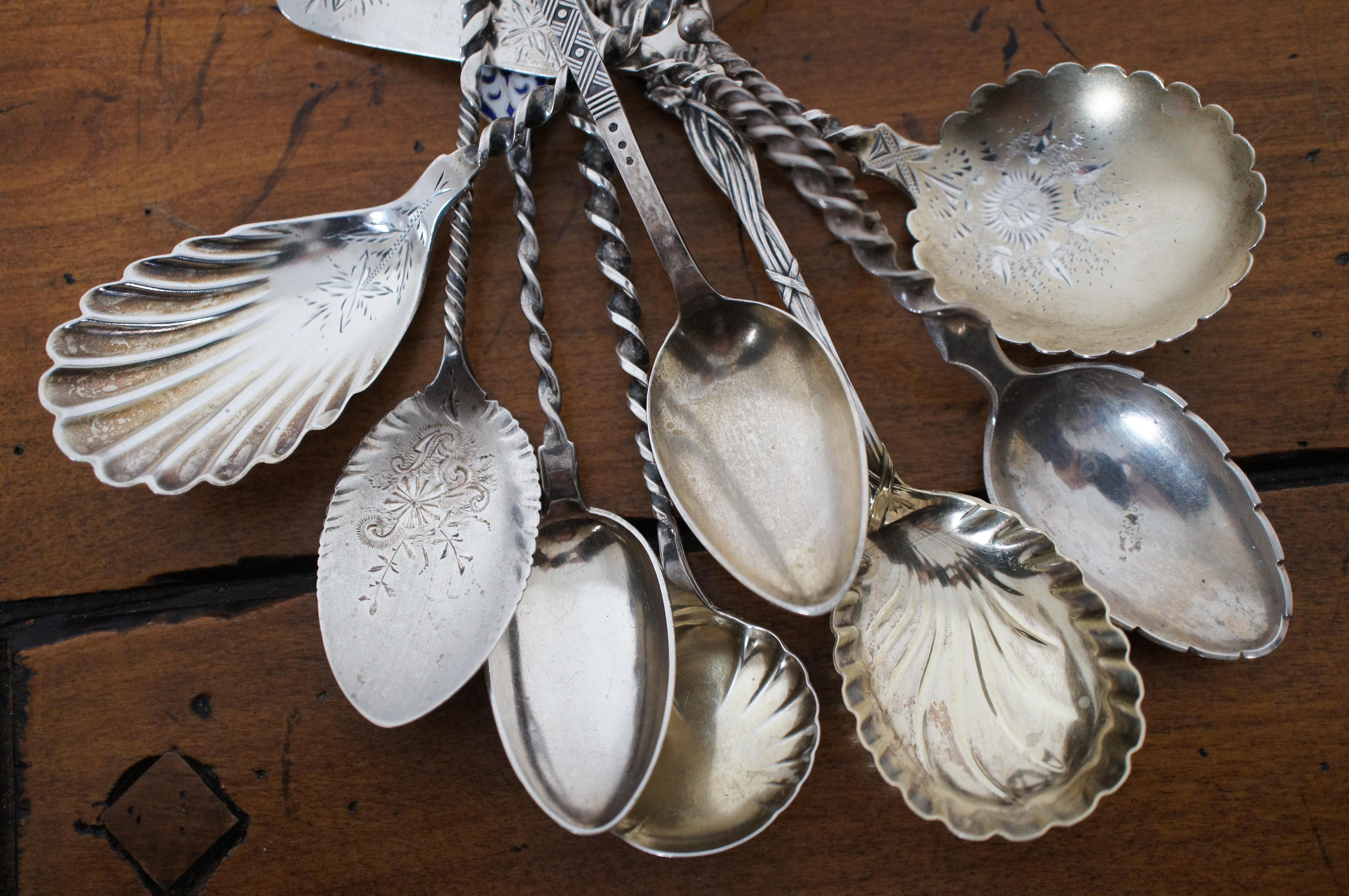 20th Century 10 Antique Assorted Sterling Silver Twisted Scalloped Serving Spoons 184g For Sale