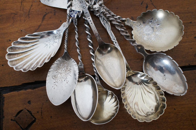 10 Antique Assorted Sterling Silver Twisted Scalloped Serving Spoons