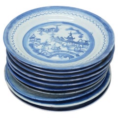 10 Antique Chinese Export Canton Blue White Pagoda Landscape Bread Plates 7"