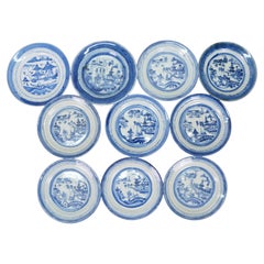 10 Antique Chinese Export Canton Blue White Pagoda Landscape Bread Plates 7"