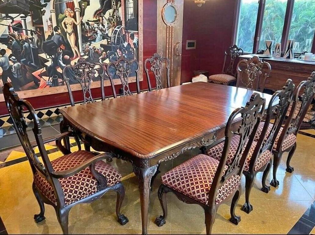 Offering one of our recent palm beach estate fine furniture acquisitions of a
Set of (10) antique 1800s Chippendale hand carved Mahogany dining chairs as featured in 2012 FORBES Magazine article

Set includes 1 arm and 9 side chairs. Fabric is