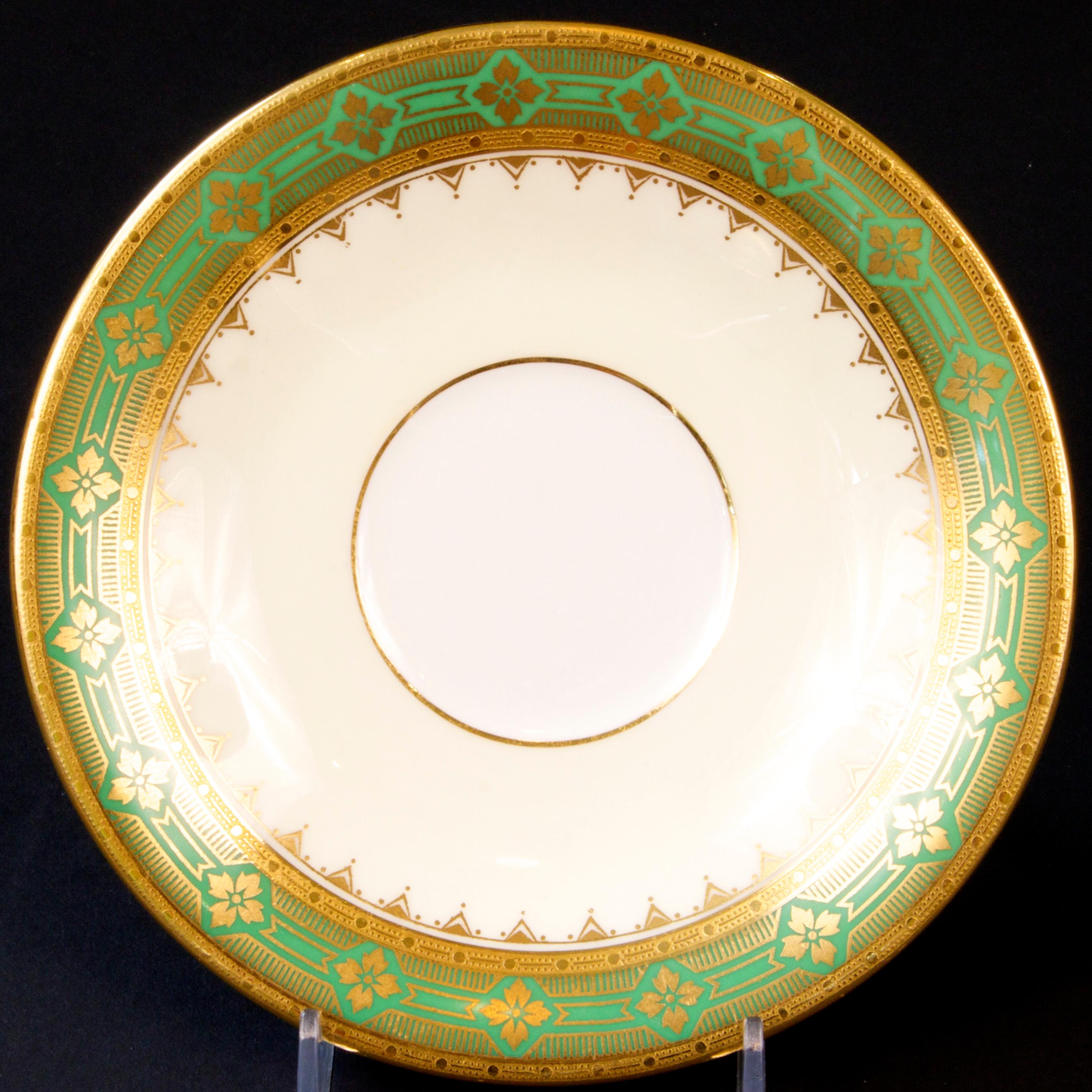 English 10 Antique Minton Gold Encrusted Green Cream Soup Bowls For Sale