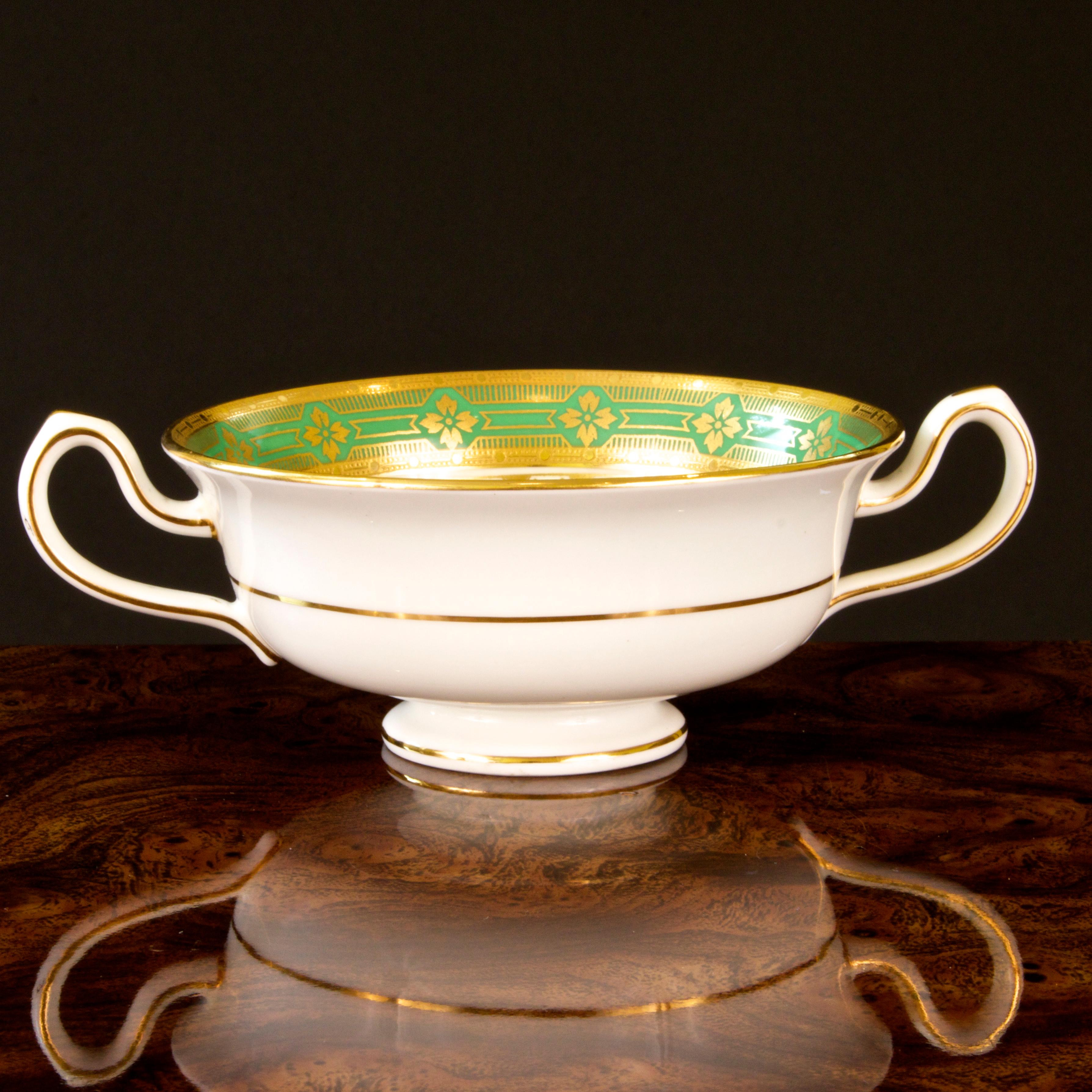 Burnished 10 Antique Minton Gold Encrusted Green Cream Soup Bowls For Sale