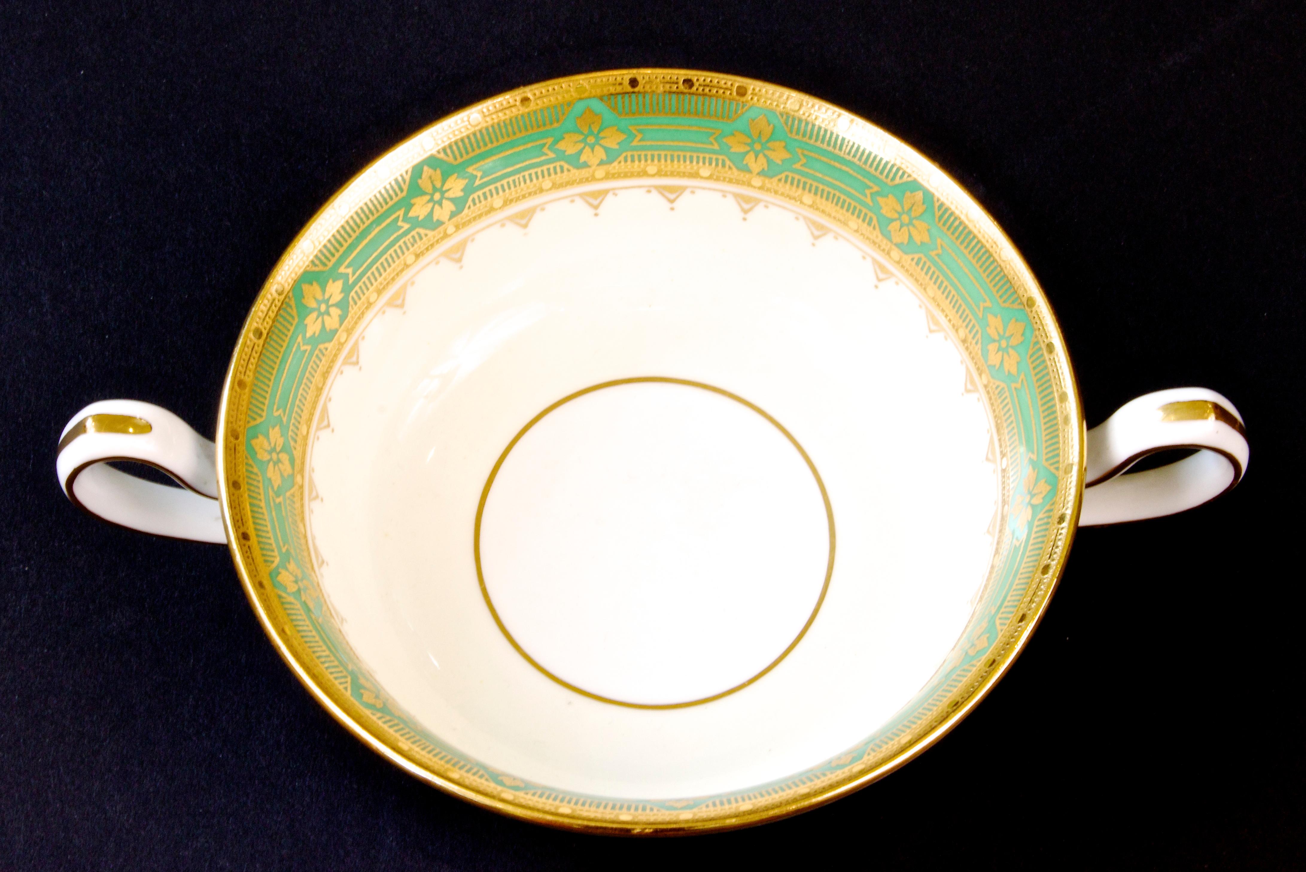 10 Antique Minton Gold Encrusted Green Cream Soup Bowls In Excellent Condition For Sale In New York, NY