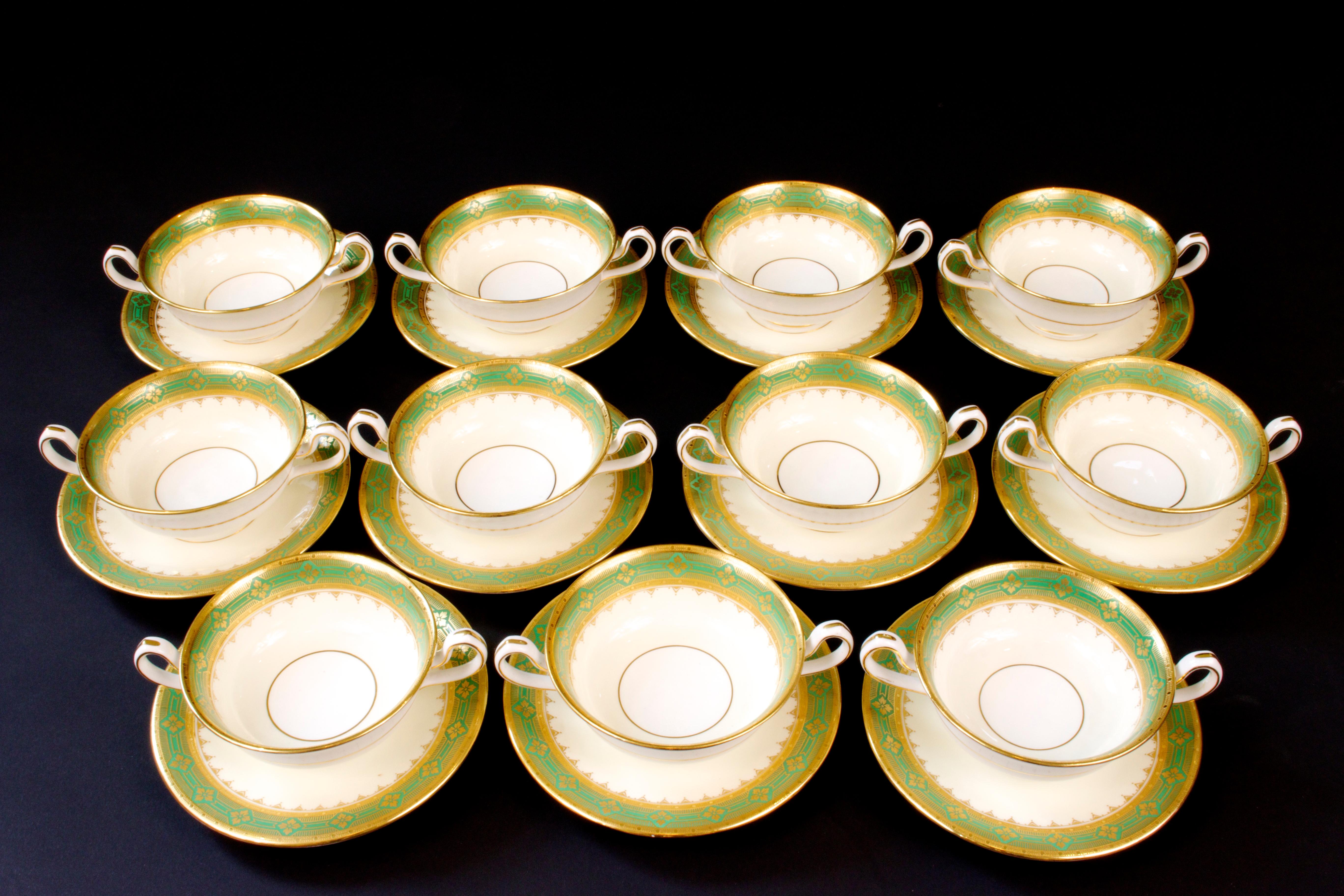 Early 20th Century 10 Antique Minton Gold Encrusted Green Cream Soup Bowls For Sale