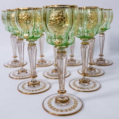 10 Antique Moser Green Cut and Gilt Wine Goblets, circa 1880