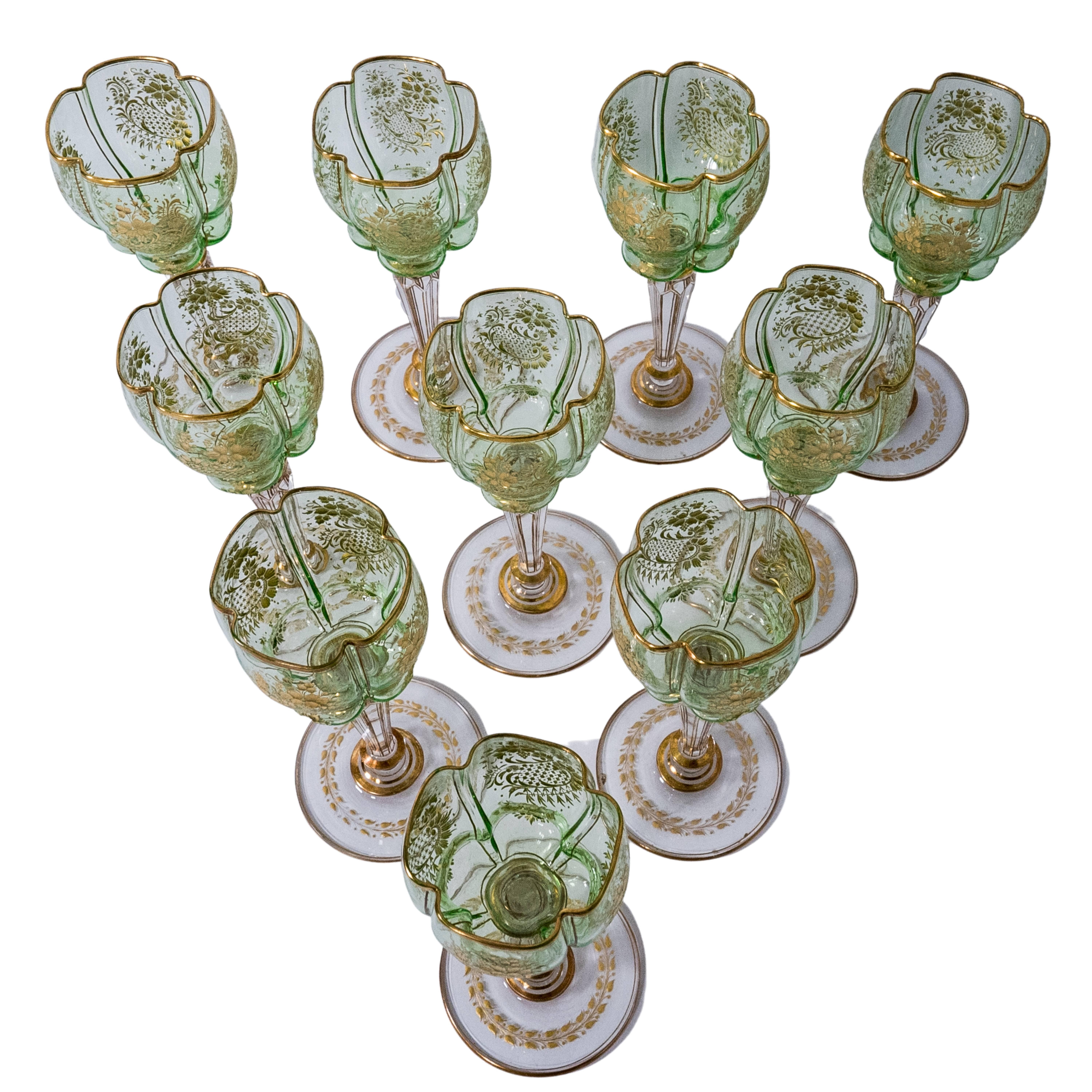 green cut glass goblets