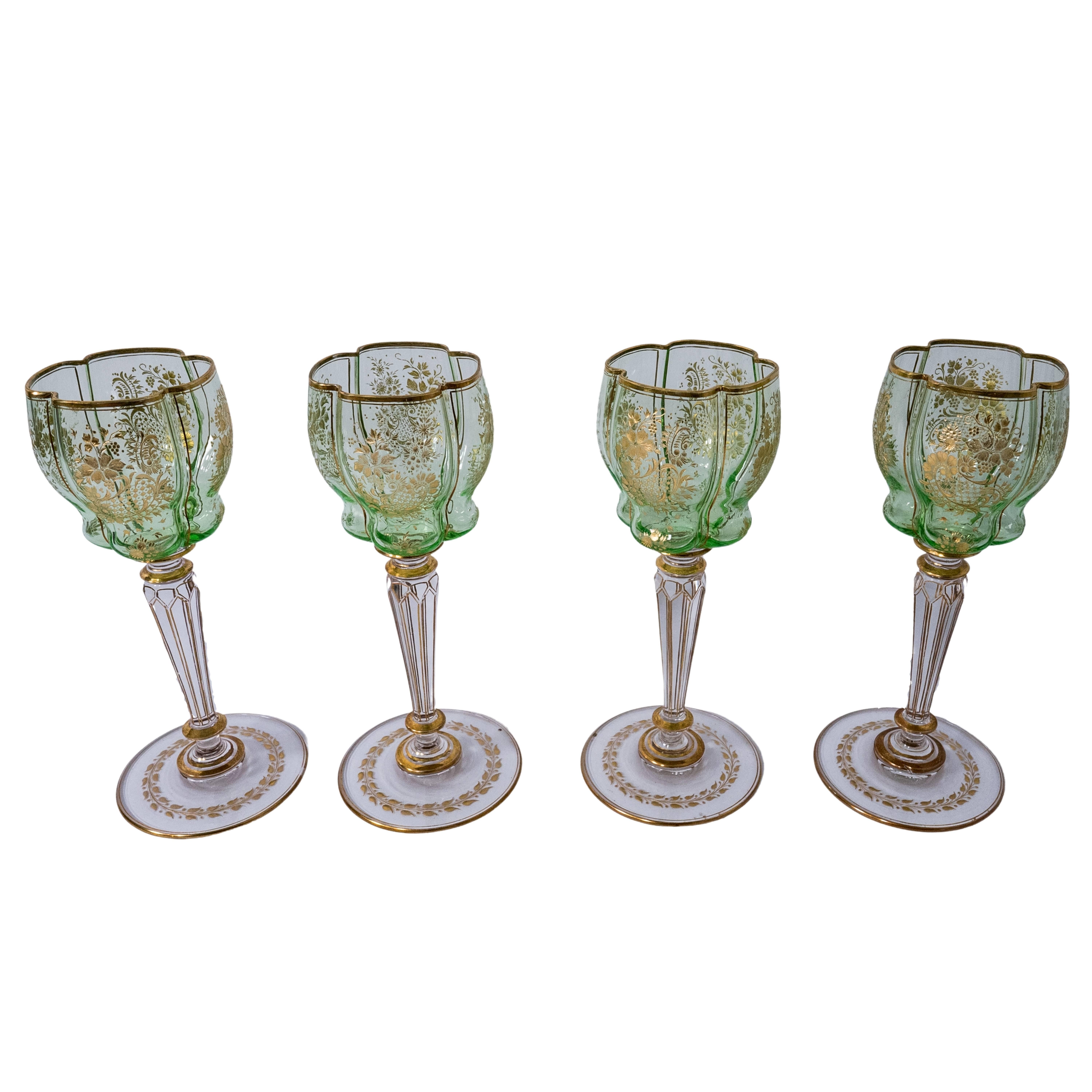Rococo 10 Antique Moser Green Cut and Gilt Wine Goblets, circa 1880