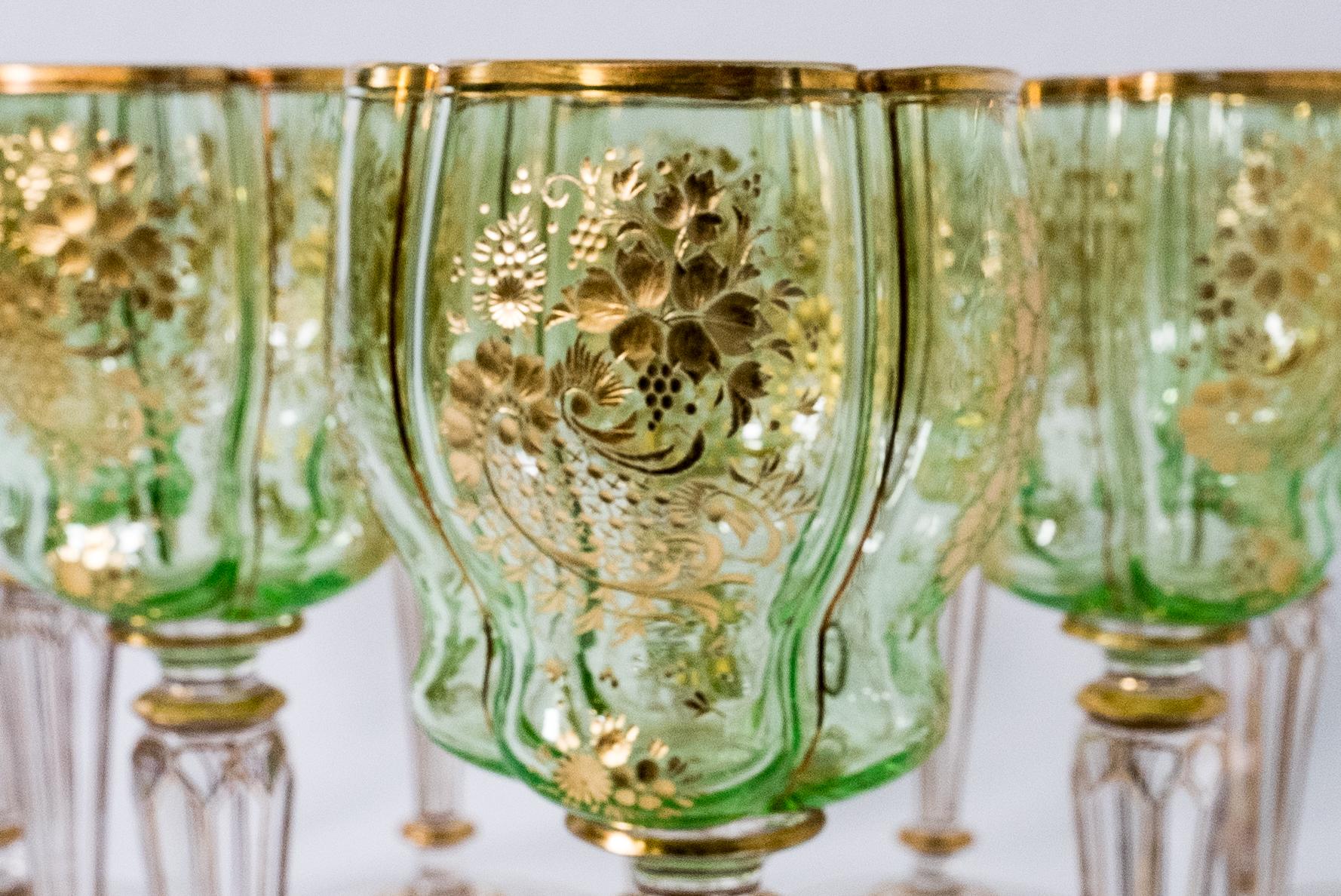 Hand-Crafted 10 Antique Moser Green Cut and Gilt Wine Goblets, circa 1880