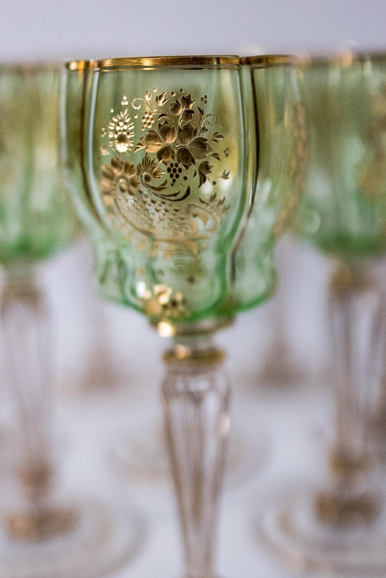 10 Antique Moser Green Cut and Gilt Wine Goblets, circa 1880 In Good Condition In West Palm Beach, FL