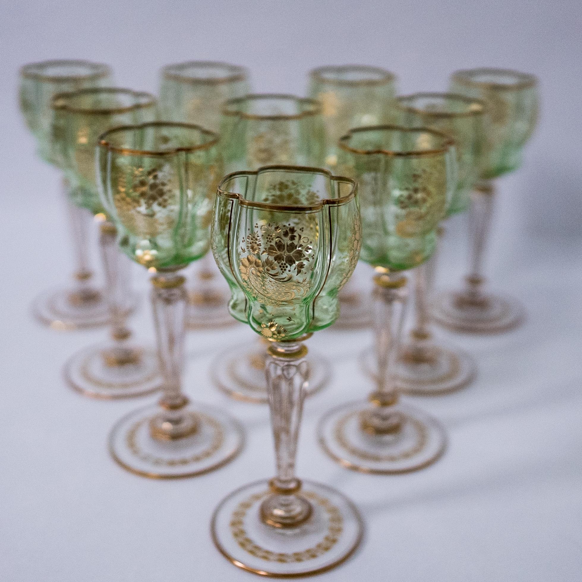 Late 19th Century 10 Antique Moser Green Cut and Gilt Wine Goblets, circa 1880
