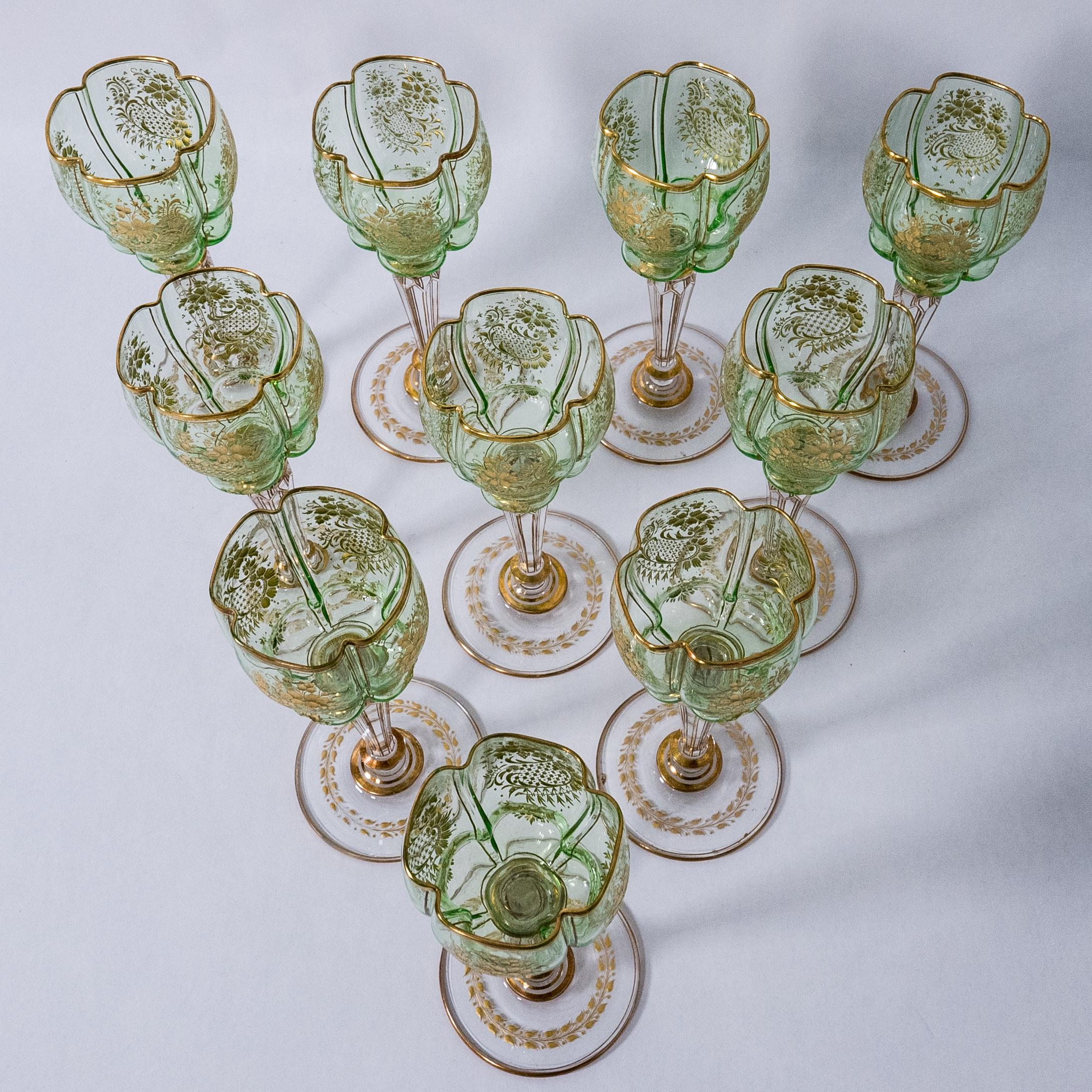 Gold 10 Antique Moser Green Cut and Gilt Wine Goblets, circa 1880