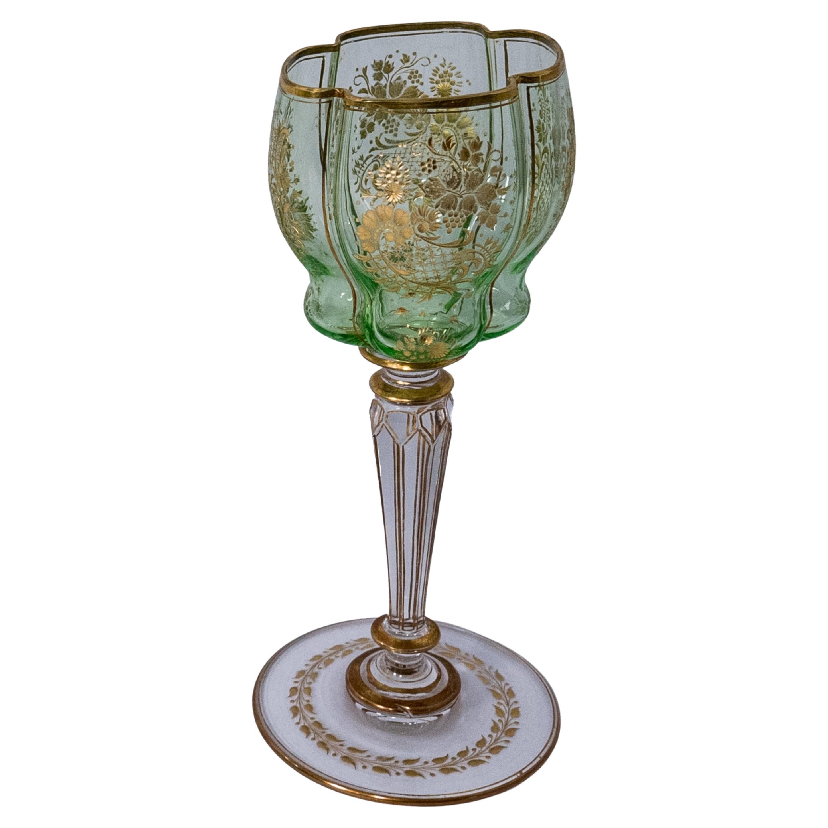 10 Antique Moser Green Cut and Gilt Wine Goblets, circa 1880
