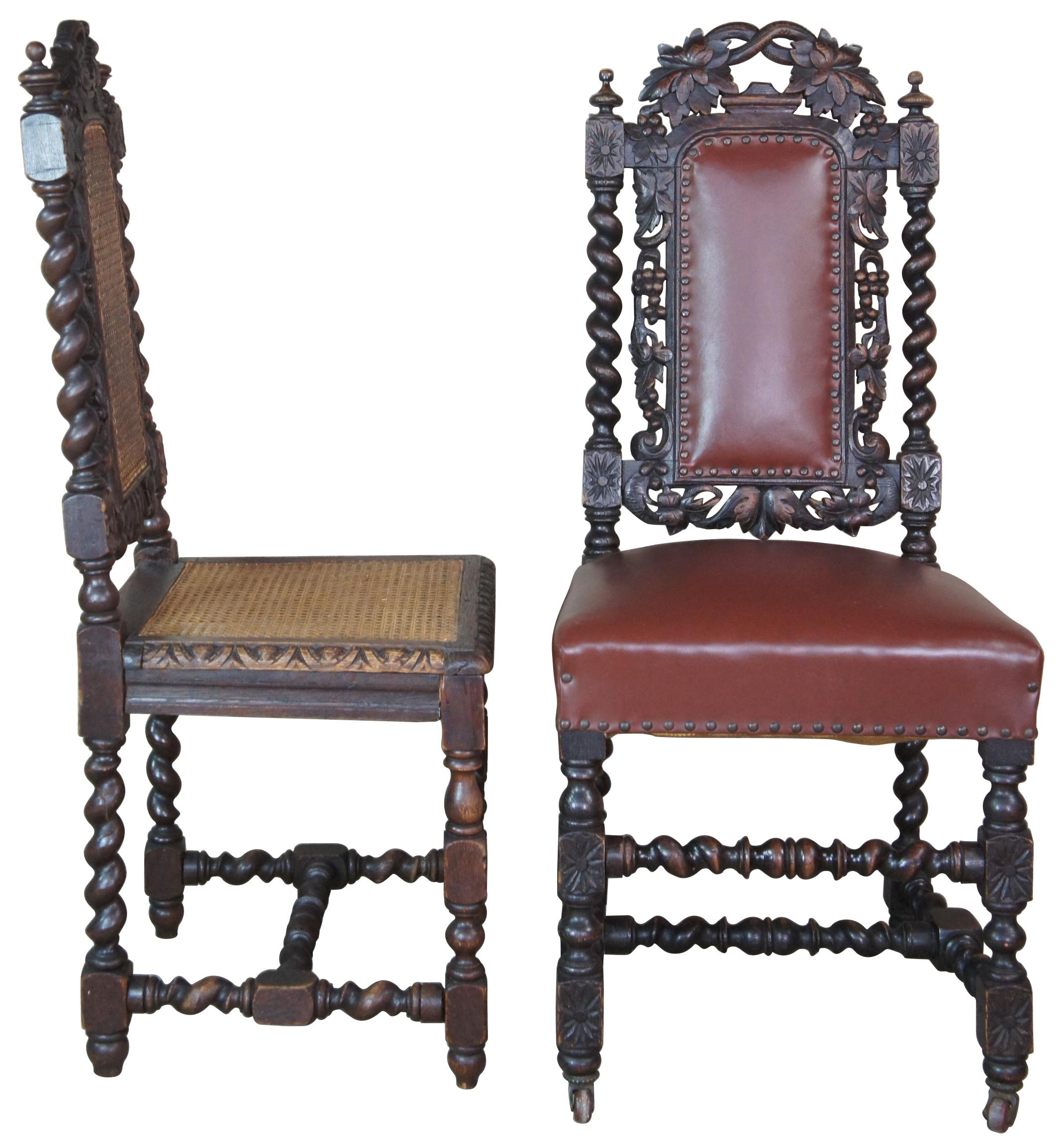 Ten antique Renaissance Revival dining chairs. Made of oak featuring ornate berry / leaf / floral carvings with barley twisted supports and caning with leather and nailhead trim.

Measures: Leather 18.5