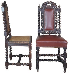 10 Antique Oak Renaissance Revival Barley Twisted Caned Leather Dining Chairs