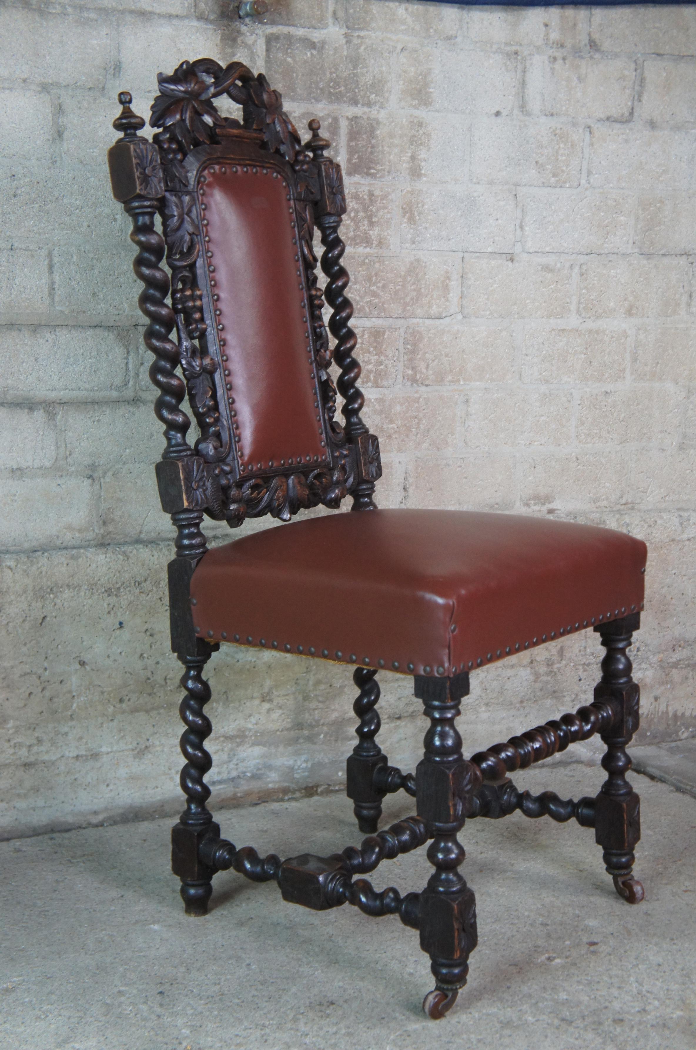 19th Century 10 Antique Oak Renaissance Revival Barley Twisted Caned Leather Dining Chairs