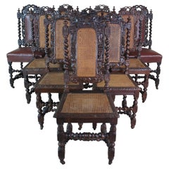 10 Antique Oak Renaissance Revival Barley Twisted Caned Leather Dining Chairs