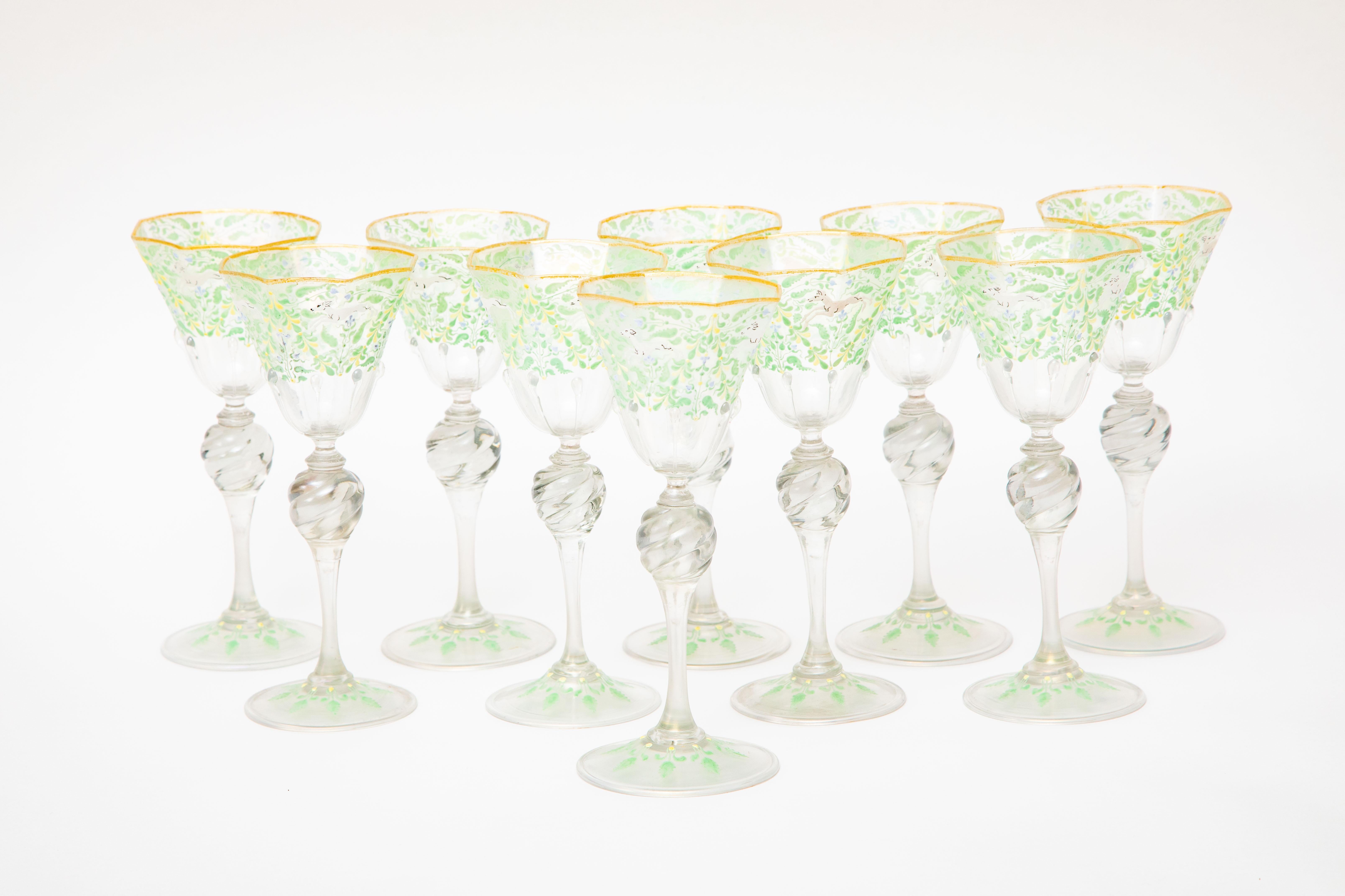 Late 19th Century 10 Antique Venetian Goblets, Hand Enameled circa 1890 with Knob Stems For Sale