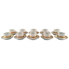 10 Arabia Cups with Saucers in Porcelain with Gold Decoration, Finnish Design