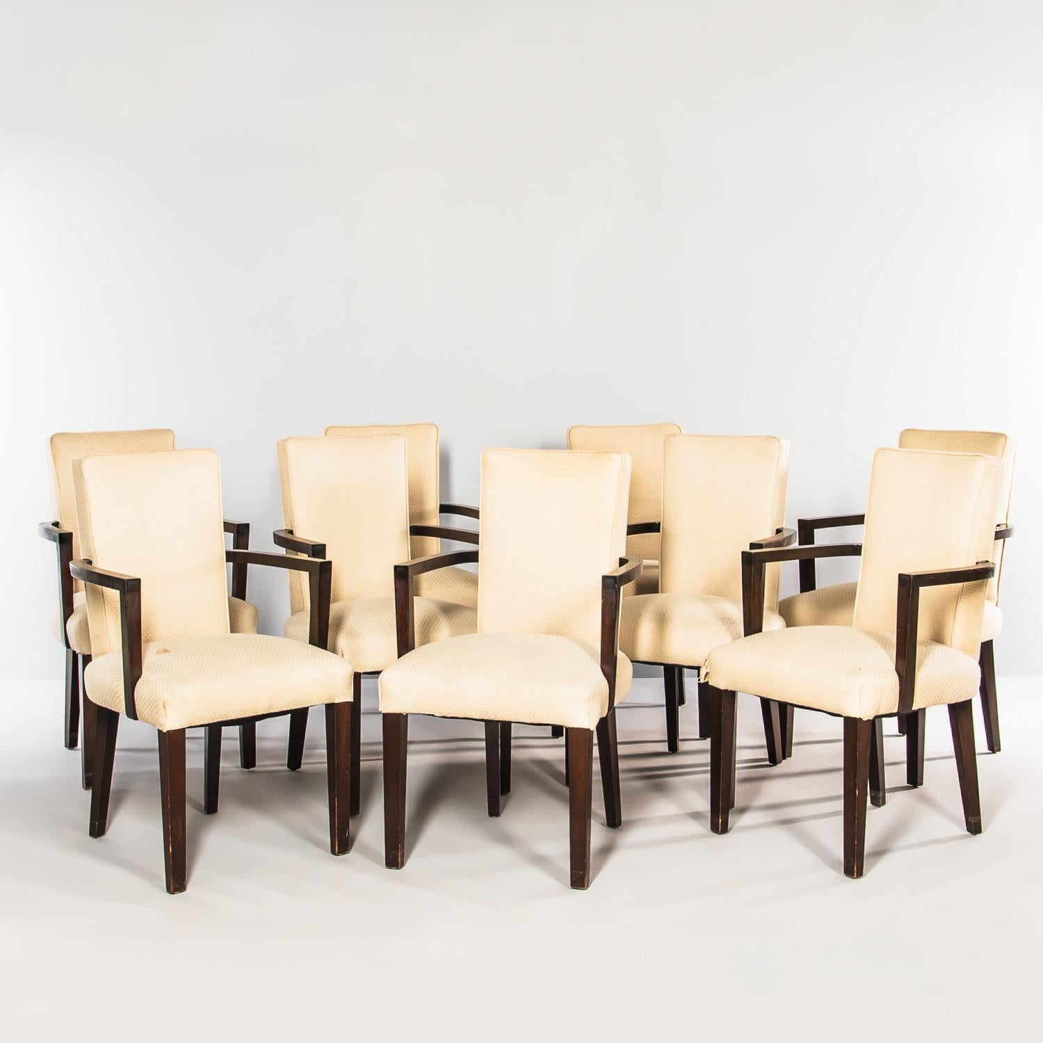 Set of ten American art deco mahogany dining chairs with streamline curved arms designed in 1938/1939 by Archibald Taylor A.I.D. for the Nob Hill residence of Mr. and Mrs. Robert H. Scanlon, San Francisco. 
The eleven room modernist apartment,