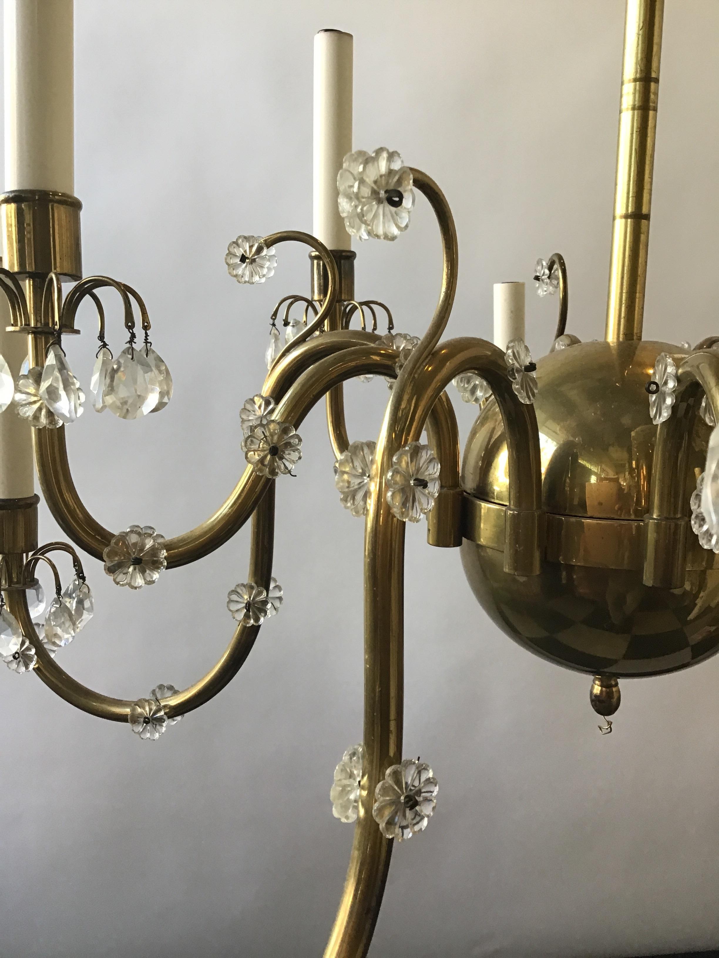 10 Arm 1950s Italian Brass/Crystal Chandelier For Sale 5