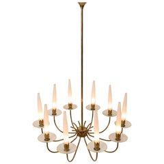 10-Arm Brass and Opaline Glass Chandelier by Angelo Lelii for Arredoluce