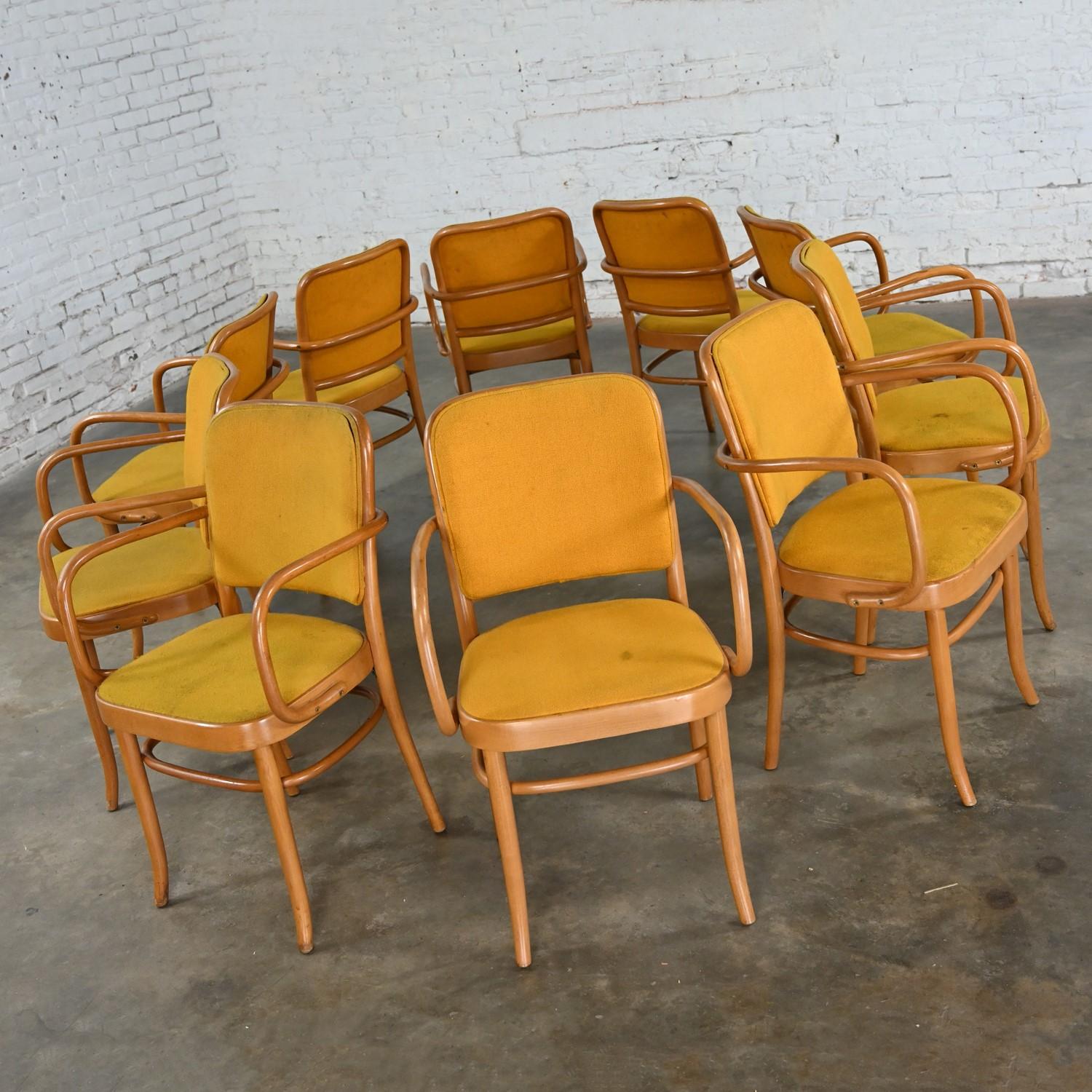 Wonderful vintage Bauhaus beech bentwood frame Thonet Josef Hoffman Prague 811 style armed dining chairs by Falcon Products Inc., Set of 10. Beautiful condition, keeping in mind that these are vintage and not new so will have signs of use and wear