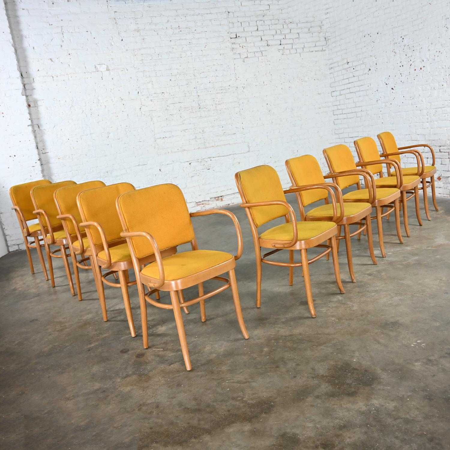 10 gebogene Bauhaus-Esszimmerstühle aus Buche und Bugholz J Hoffman Prag 811 im Stil Thonet (Stoff) im Angebot