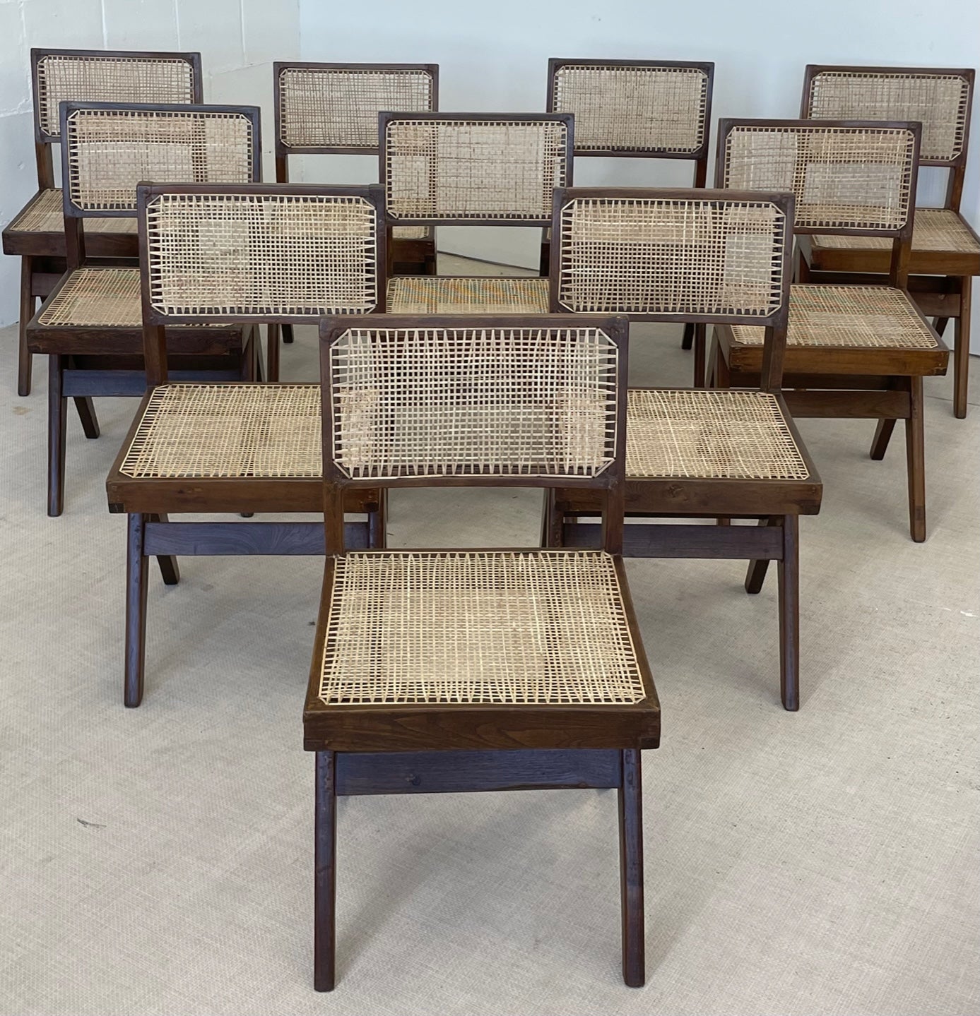 10 Pierre Jeanneret Armless Dining Chairs, Teak, Cane, France/India
