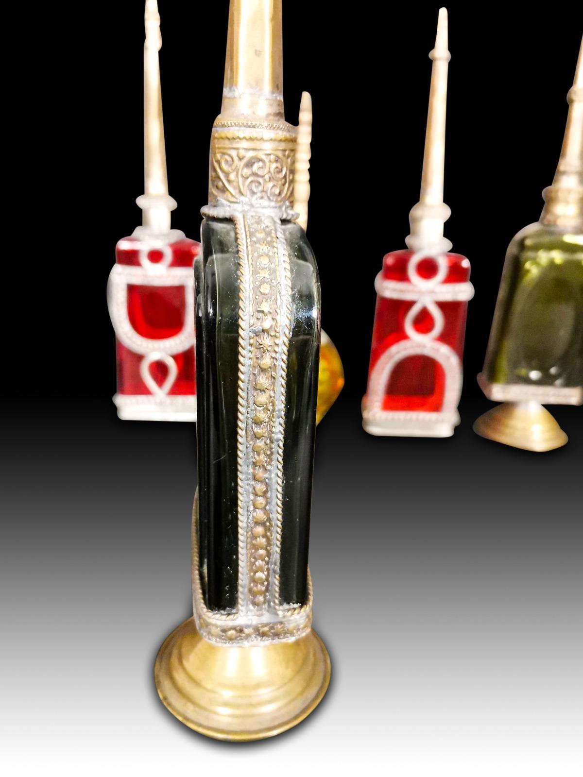 Modern 10 Bath Perfumes in Colored Glass and Silver Metal, Early 20th Century