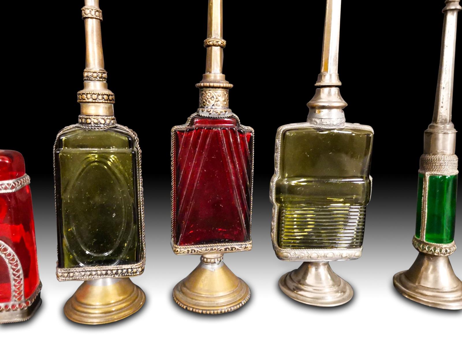 Asian 10 Bath Perfumes in Colored Glass and Silver Metal, Early 20th Century