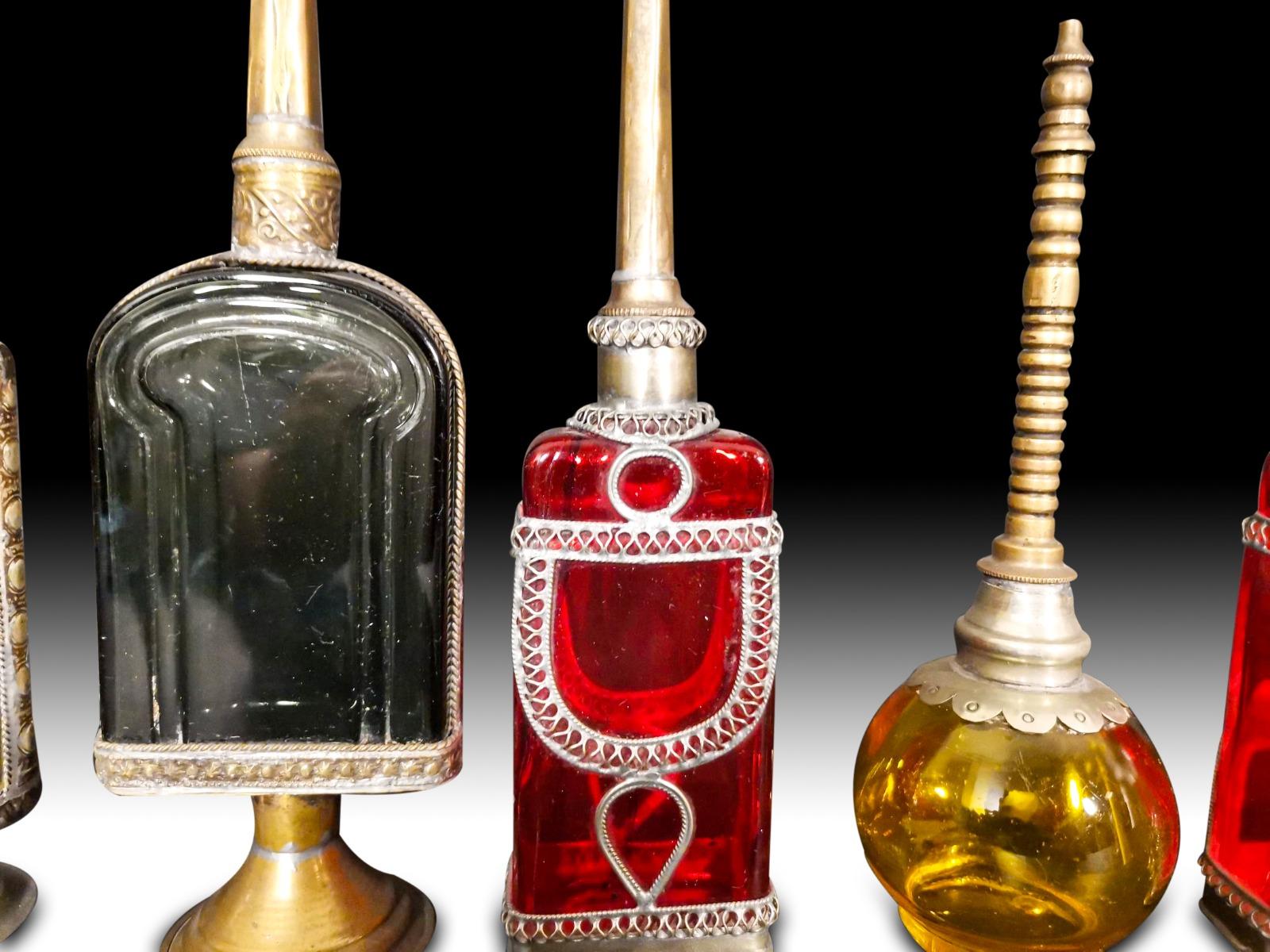 Hand-Crafted 10 Bath Perfumes in Colored Glass and Silver Metal, Early 20th Century