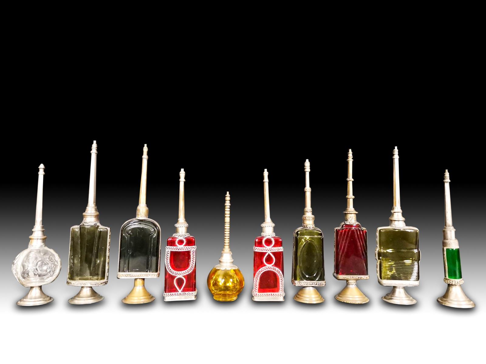 10 Bath Perfumes in Colored Glass and Silver Metal, Early 20th Century 1