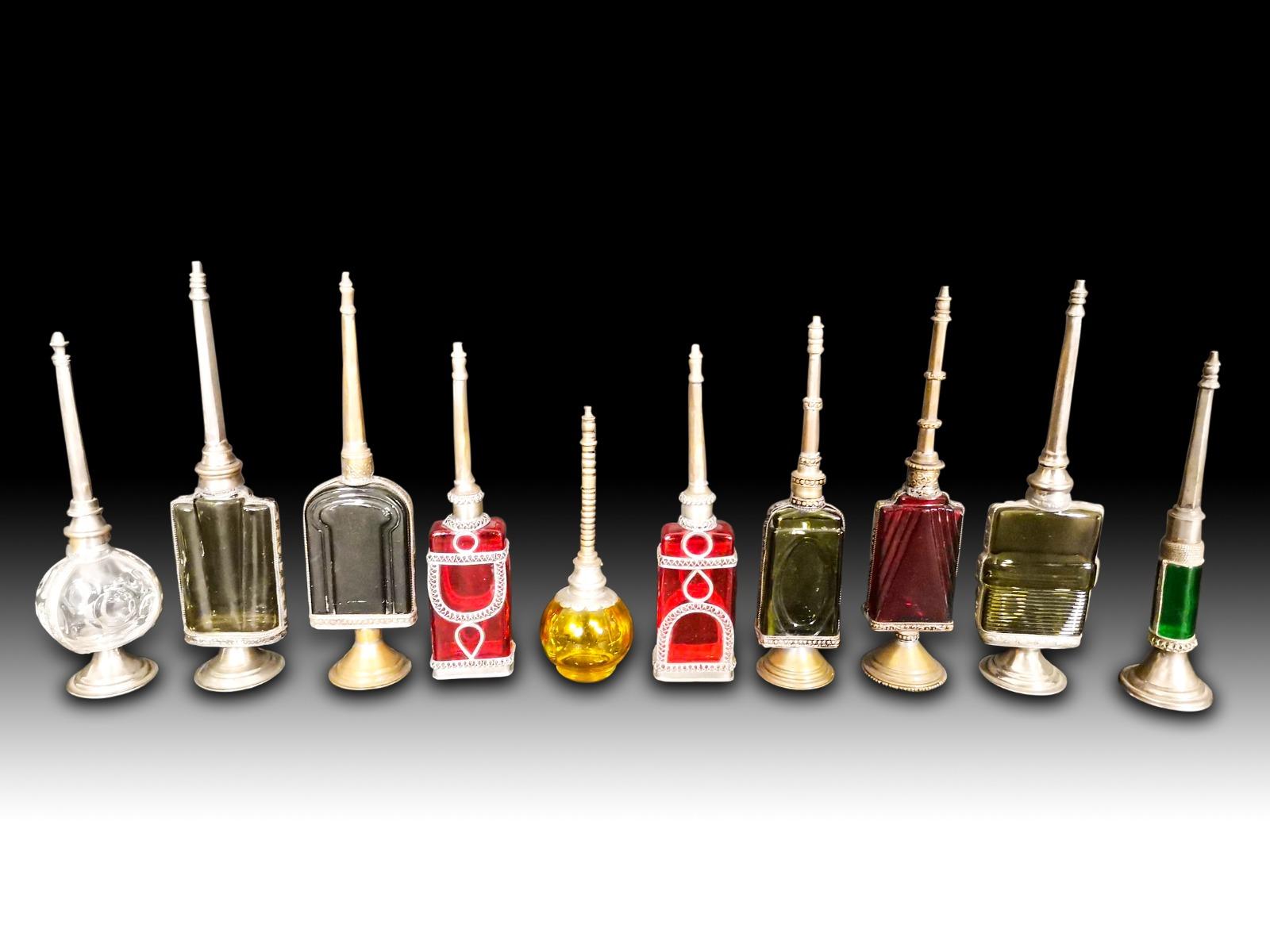 10 Bath Perfumes in Colored Glass and Silver Metal, Early 20th Century 2