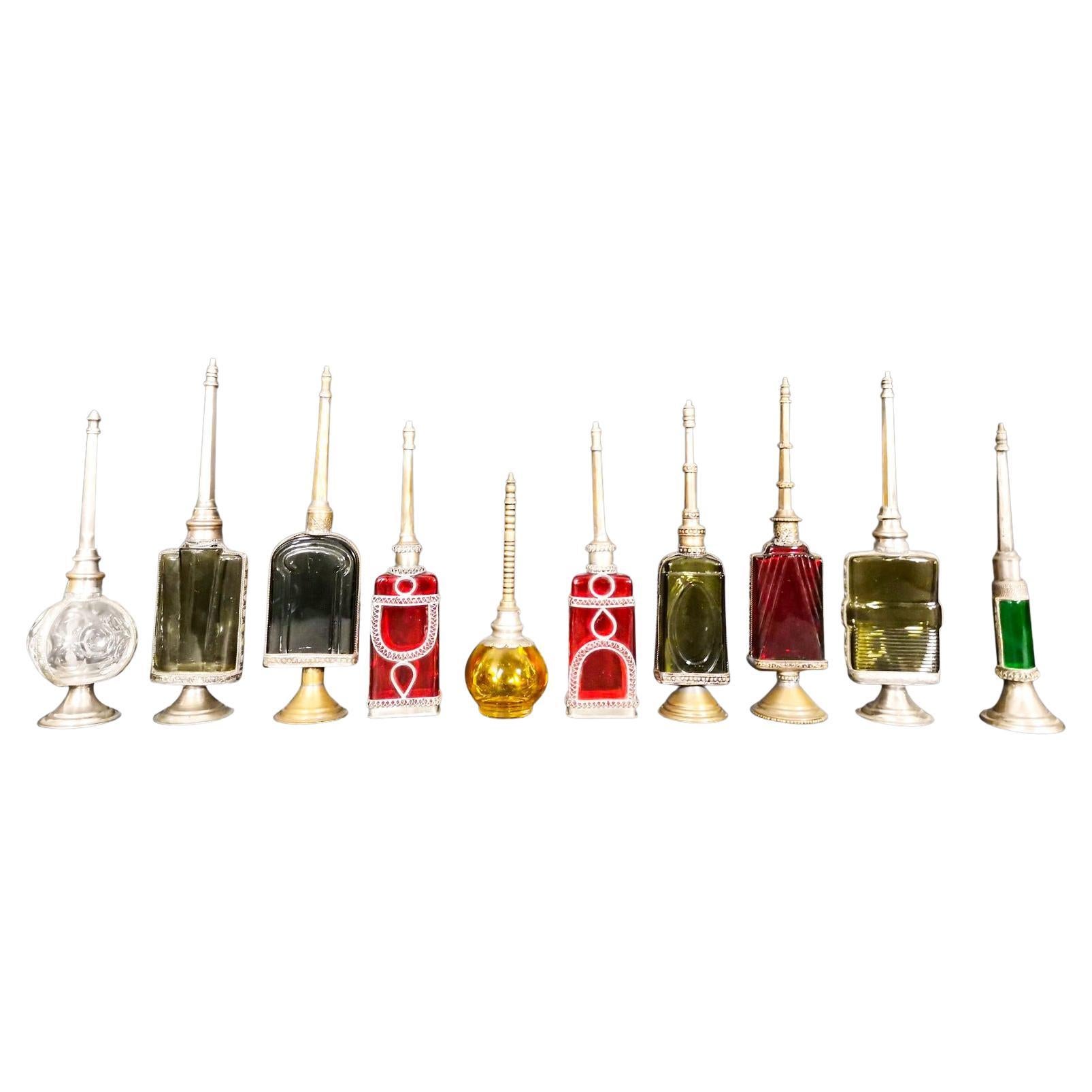 10 Bath Perfumes in Colored Glass and Silver Metal, Early 20th Century