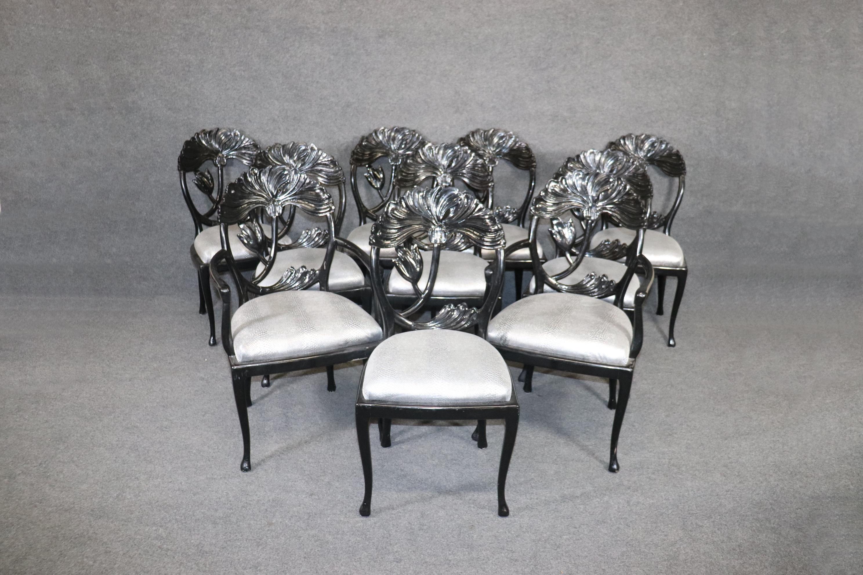 This set of 10 black Lacquered MCM Regency style dining chairs are made of the highest quality and are really beautiful! There are 8 side chairs and 2 arm chairs. If you look at the photos provided you will see the attention to detail in the