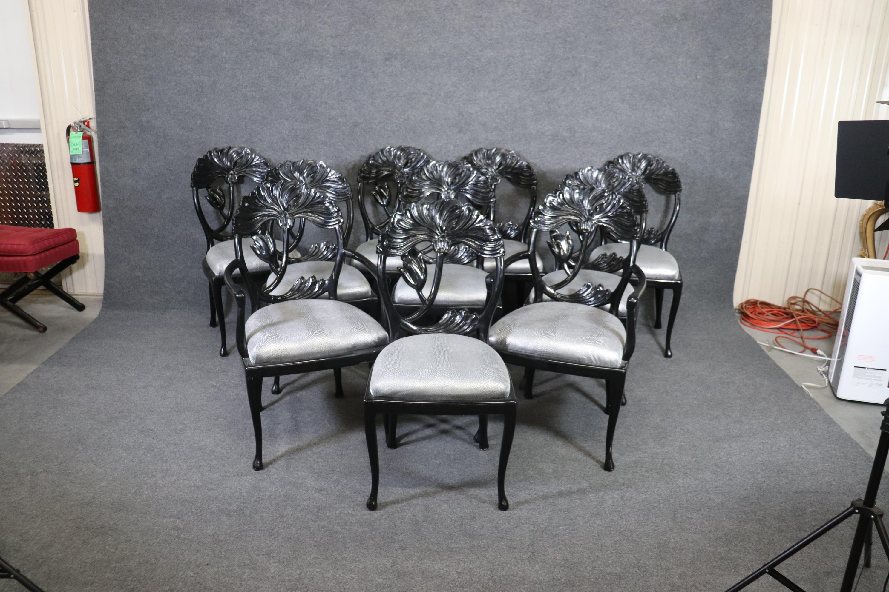 Unknown 10 Black Lacquered Mid-Century Modern Regency Style Dining Chairs, circa 1980