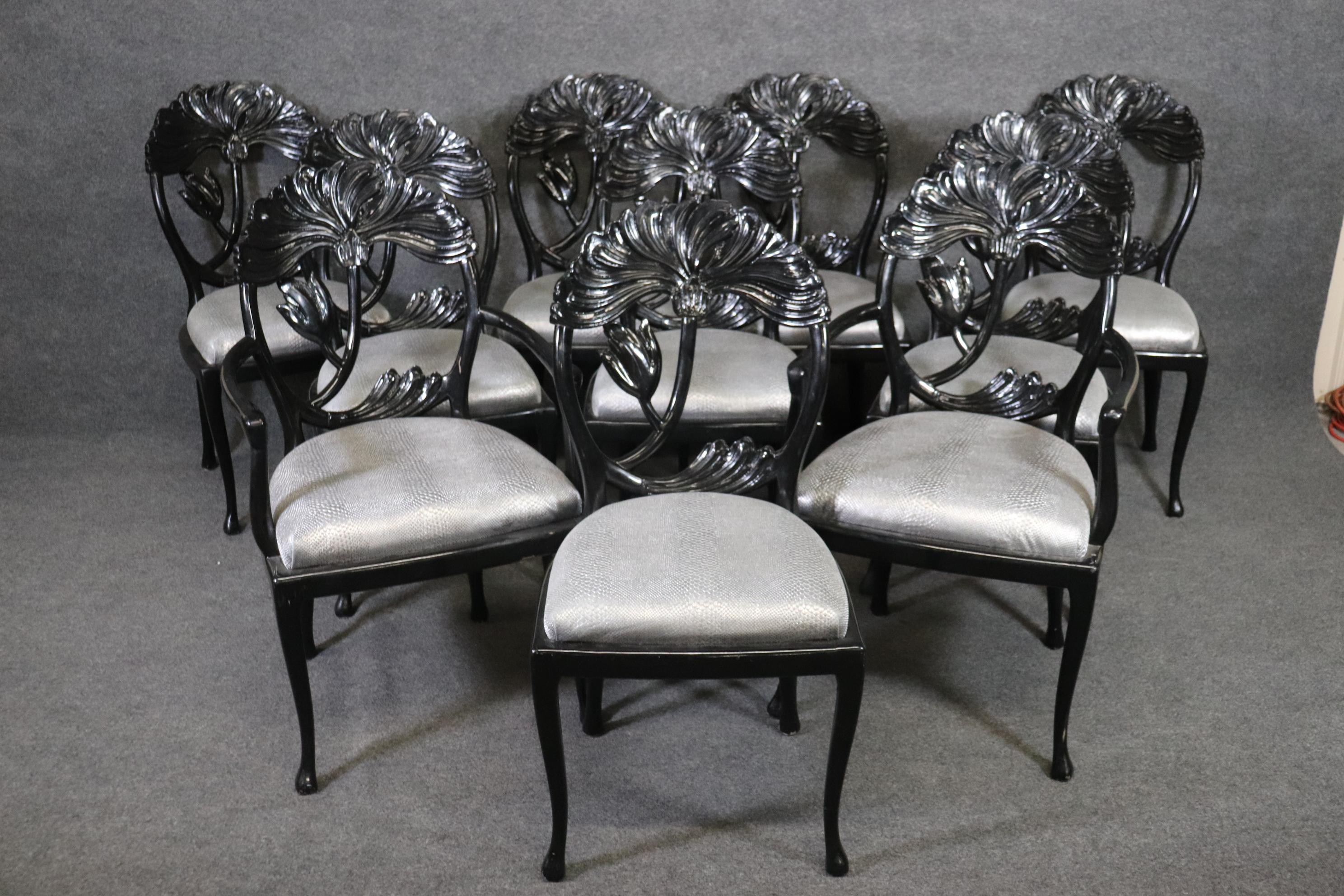 Late 20th Century 10 Black Lacquered Mid-Century Modern Regency Style Dining Chairs, circa 1980