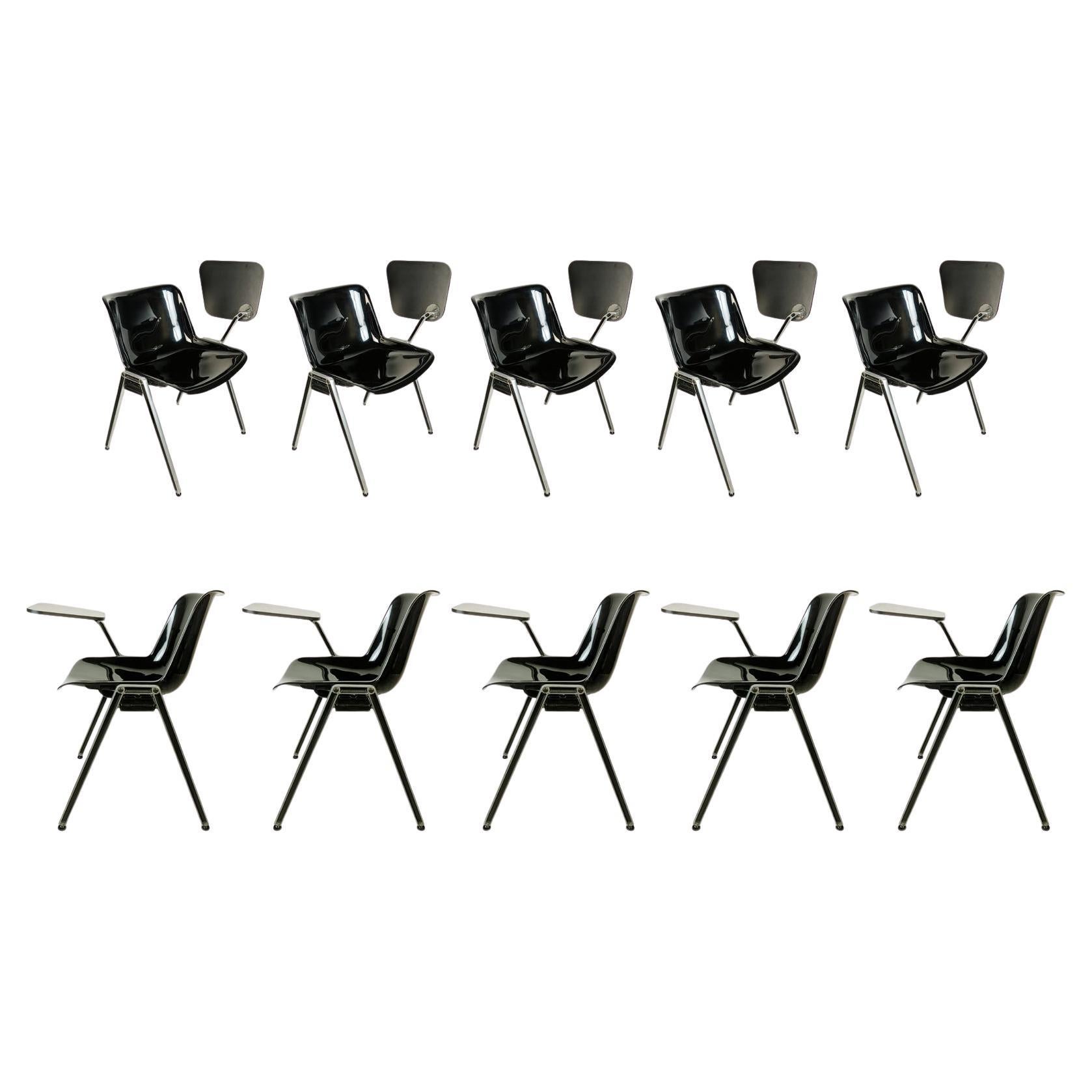 10 Black plastic & Aluminum 1970s MODUS stackable chairs with desk by Tecno