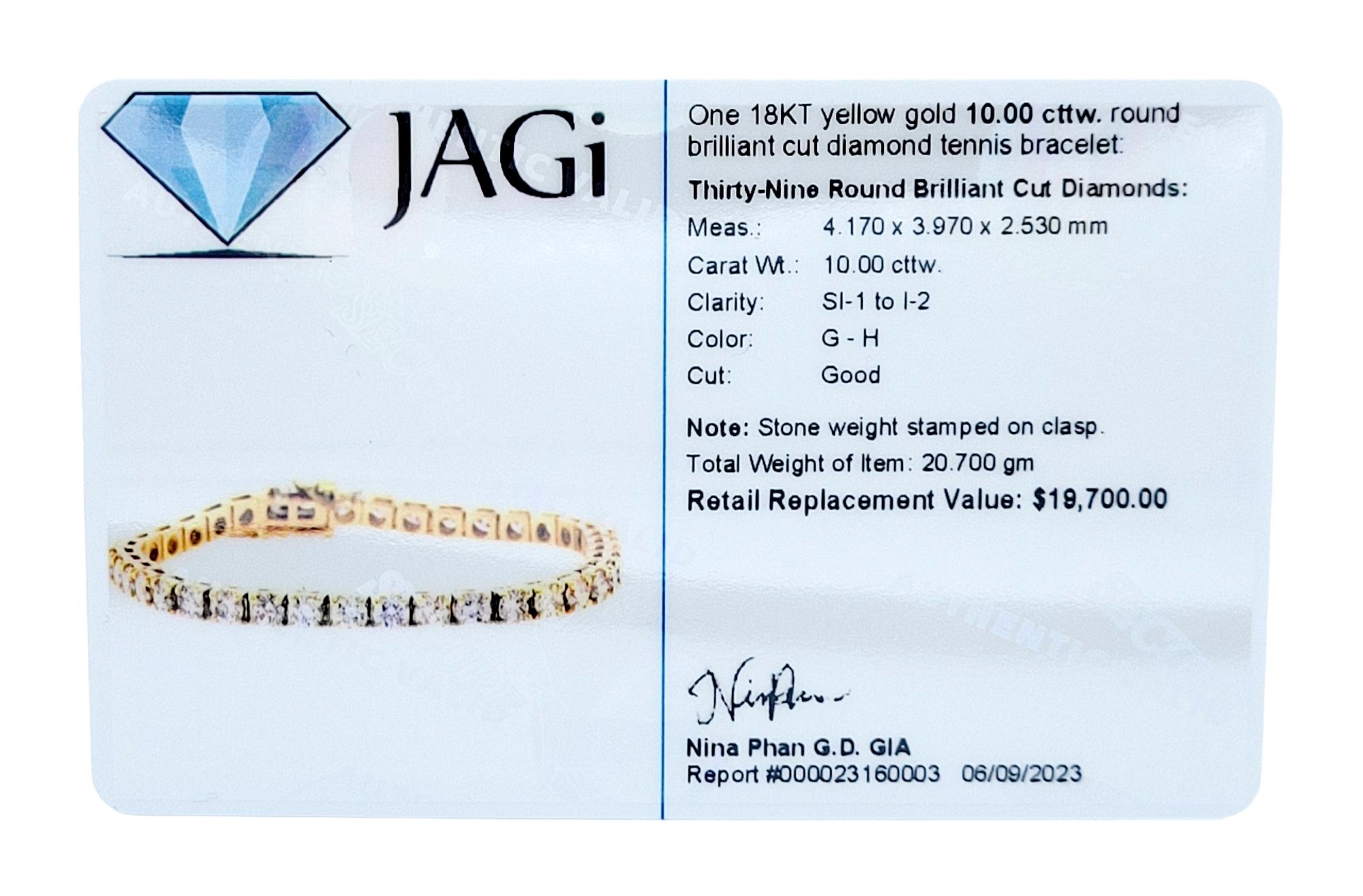 10 Carat Round Brilliant Cut Diamond Tennis Bracelet in 18 Karat Yellow Gold  For Sale 4