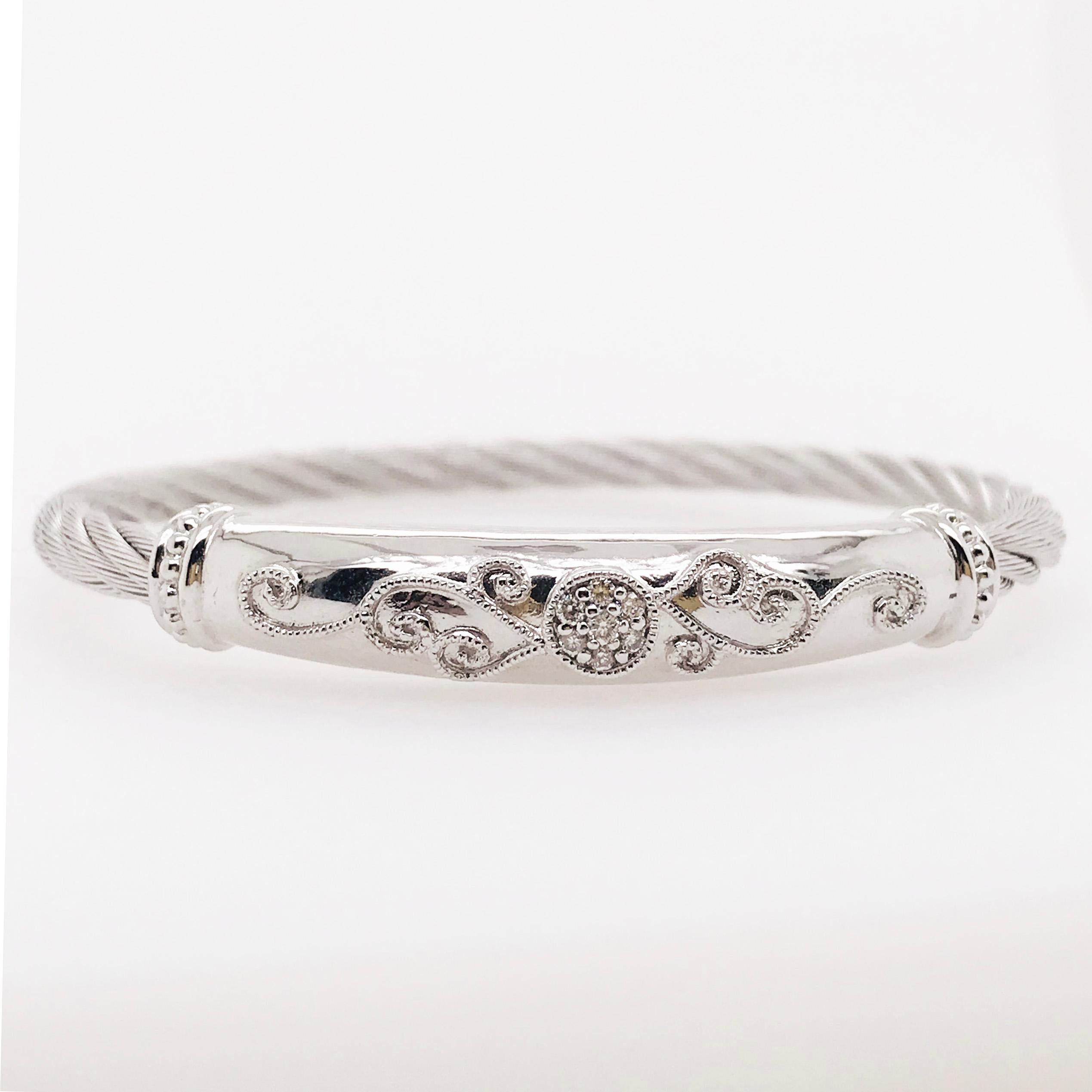 Round Cut .10 Carat '1/10 Carat' Diamond Twisted Cable Bangle Bracelet in Sterling Silver